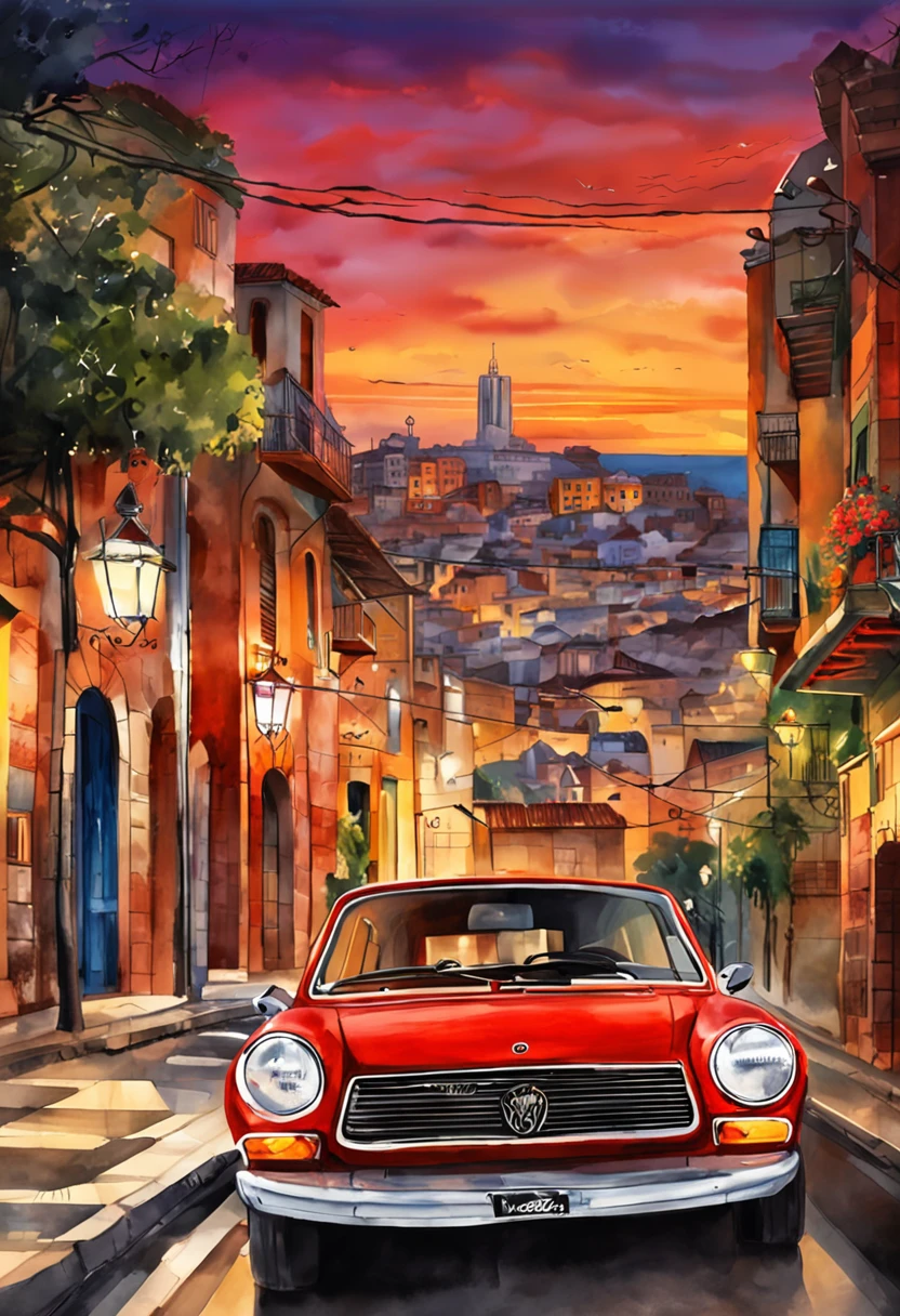 Un deportivo rojo en la ciudad, GOLF MKII, velocidad y elegancia impresionantes, luces brillantes, Vibrant neon, carreteras nocturnas, Modern urban atmosphere. Imagen frontal
