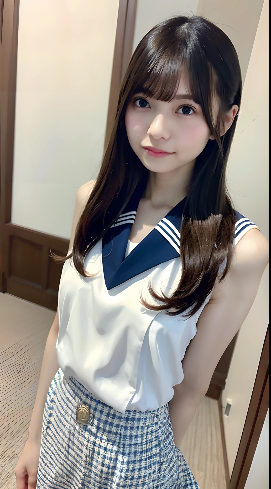 Highest quality、masterpiece、8k、Very detailed、Realistic、(One woman)、Hotel Bed、(Looking at me with a smile:1.5)、whole body、Black Hair、Small face、(Slender:1.2)、(Sailor suit with buttons:1.2)、(Short tight skirt:1.2)