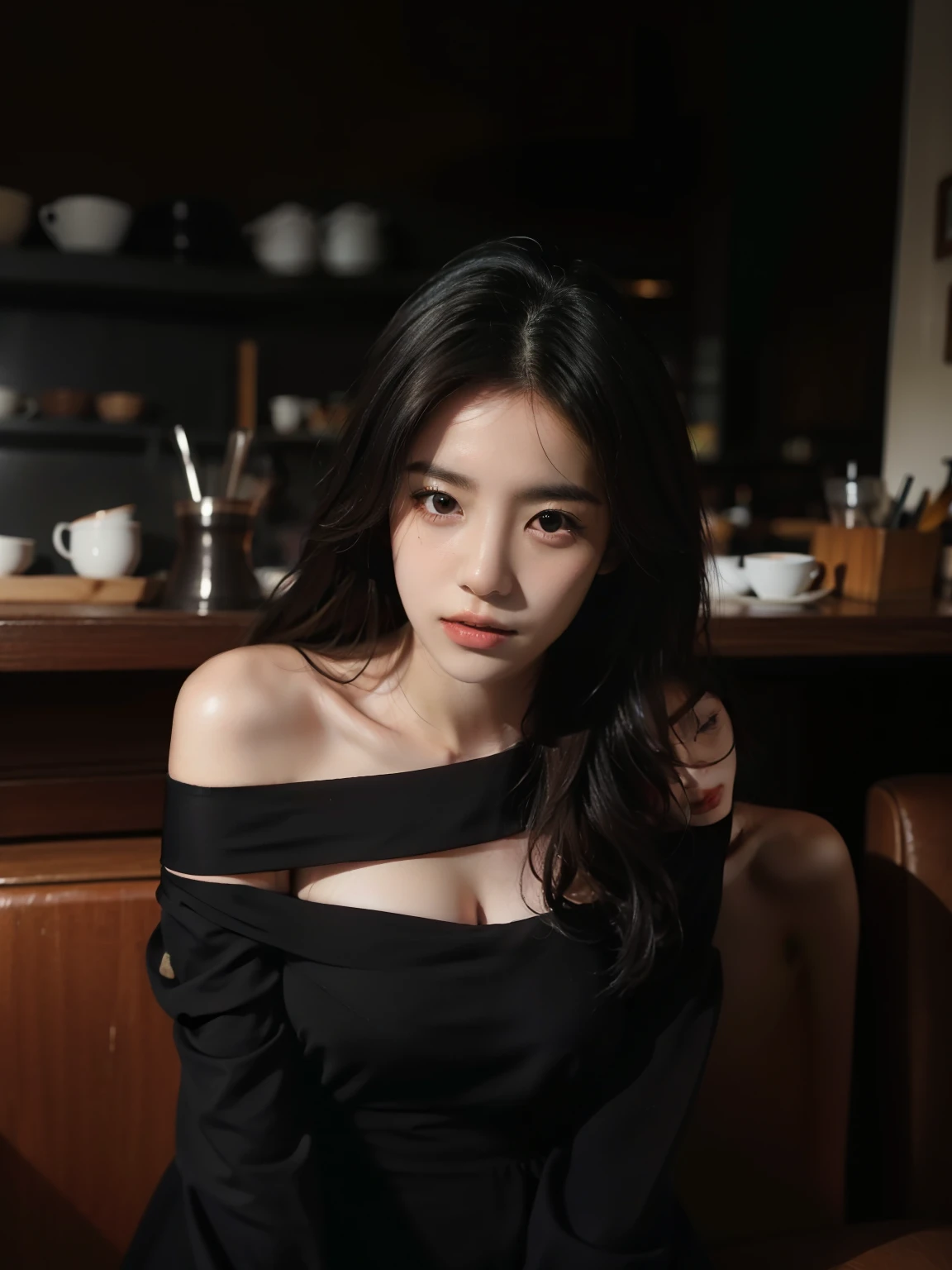 8K、Raw photography、top-quality、masterpiece:1.2)、(realisitic、Photorealsitic:1.37)、top-quality、超A high resolution、Downtown at night、Beautiful girl alone in a luxurious bar、alcohol、I'm asleep at the bar counter with my eyes closed.、drunk and in a good mood、My clothes are turned up and I'm naked、There are a lot of expensive alcoholic beverages on the shelves.、(full bodyesbian)、cleavage of the breast、Colossal tits、beauty legs、high-heels