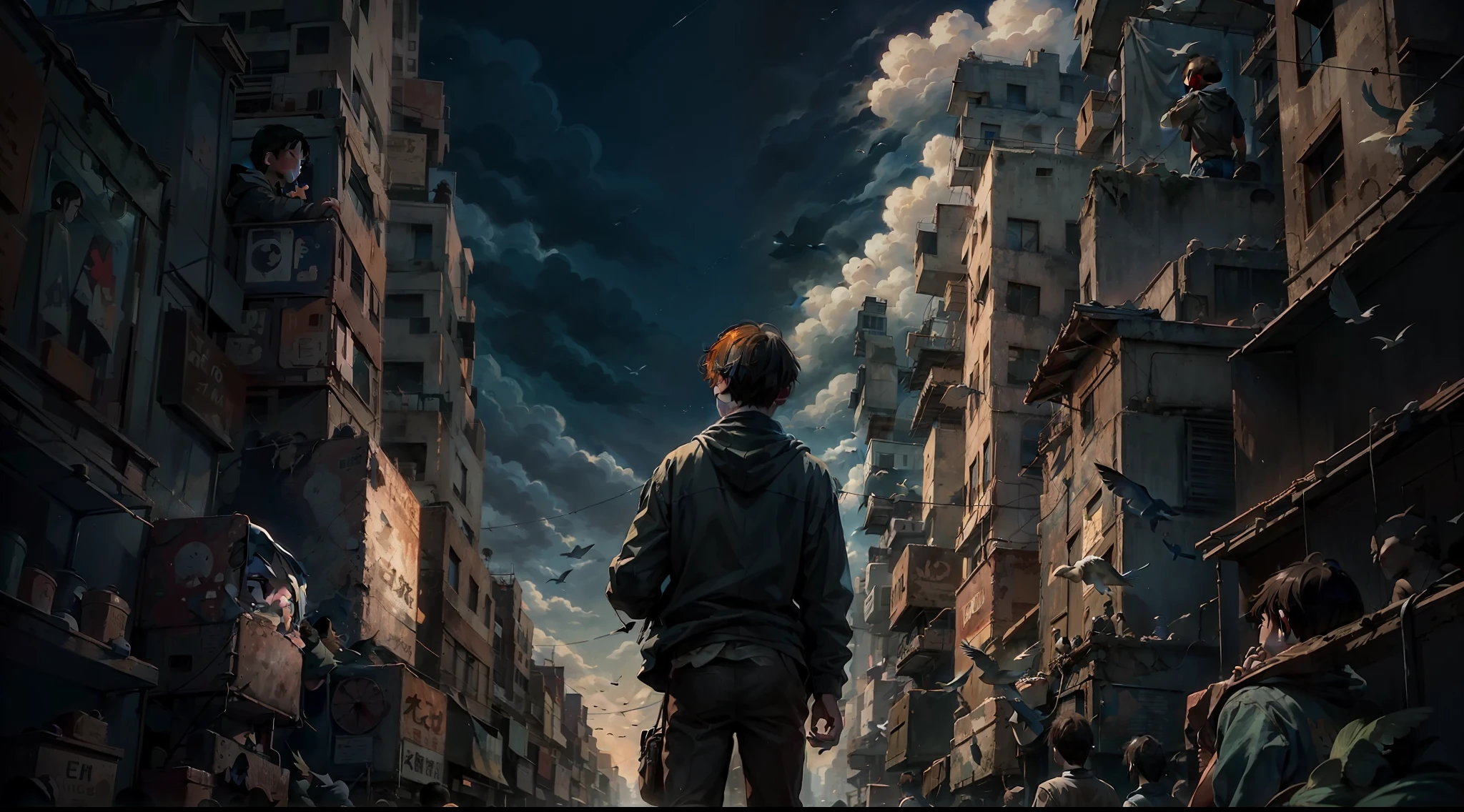 The boy is looking towards the evening sky in a crowd where birds are flying in the sky and the boy is sad