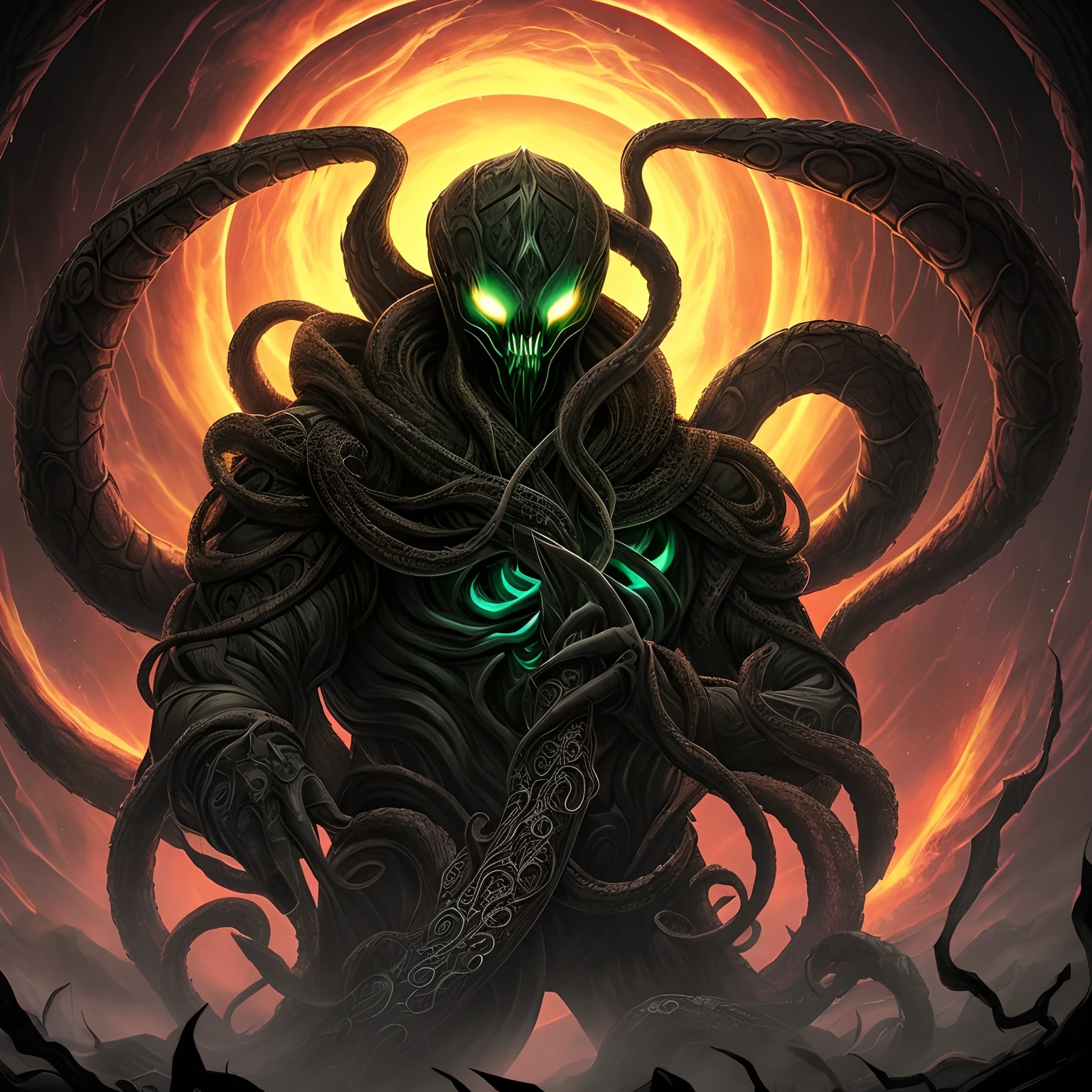 zrpgstyle, dark eldritch cultist creature with dark yellow tentacles, midnight moonlight backlight (masterpiece:1.2) (illustration:1.2) (best quality) (detailed) (intricate) (8k) (HDR) (wallpaper) (cinematic lighting) (sharp focus)