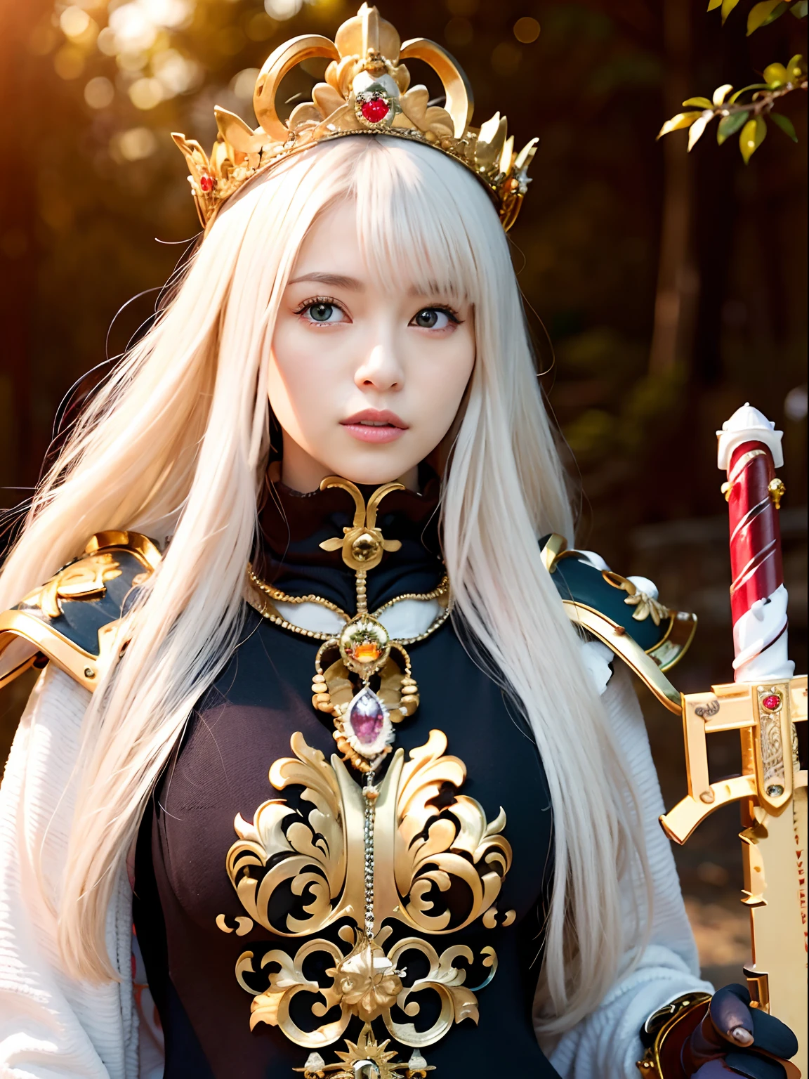 Professional , masterpiece、top-quality、photos realistic , 、top-quality、超A high resolution、(Photorealsitic:1.4)、Raw photo、depth of fields (Gemstone Gold Metal Body:1.9),(Matte White、Toostock、cleavage of the breast、(cleavage of the breast)、(Detailed Dragon Armor)、(Have the strongest weapon)、((Random Hairstyles 1.6),Dark Fantasy,)explosions、intense fighting、(Precipitous cliffs),Dragon Gold Weapon,Mystical expression、Particles of light、Fight dragons、(Detailed Dragon Helmet),Gorgeous Silver Weapons ,(( Dragon's dense and gorgeous sword)) , Beautiful knife ,warhammer 40k ,Detail and gorgeous crown、((Blue hair))、(Castle background)、、((Gangle's forest background))、Beautiful Caucasian beauty、1a person、dynamic ungle,((()))、Smaller head、A smile、Castle background、Thin and beautiful female hands、cleavage of the breast、Soldier in iron armor on background、Mystical expression、Light Effects、intense fighting、Wind-effect、magic circles、With the legendary magic wand、(demonic wings)、Toostock、