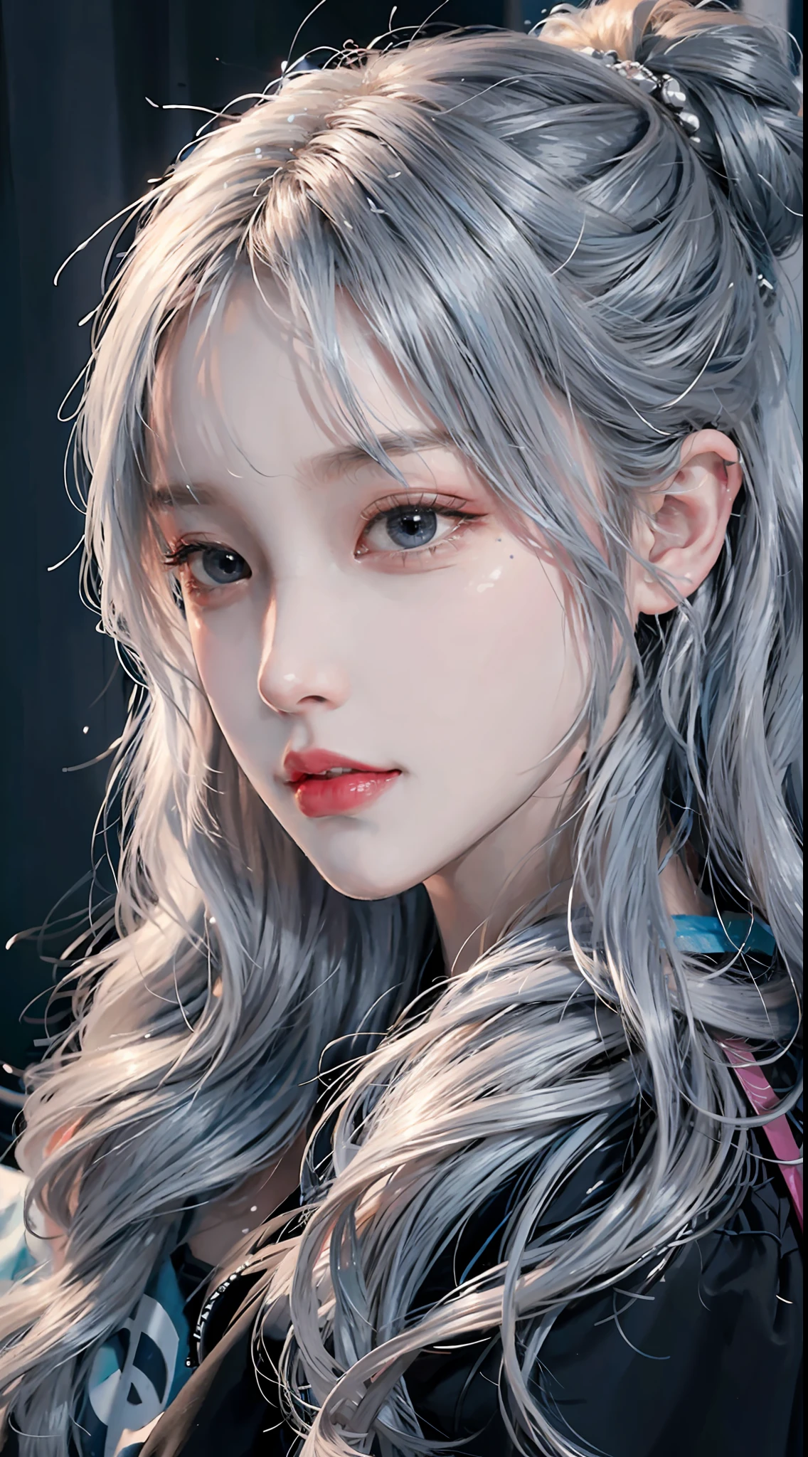 1girl, very messy hair, blue | silver hair, very long hair, solo,ultra high quality,hard focus, film grain,ultra high res, masterpiece, nice detailed eyes,