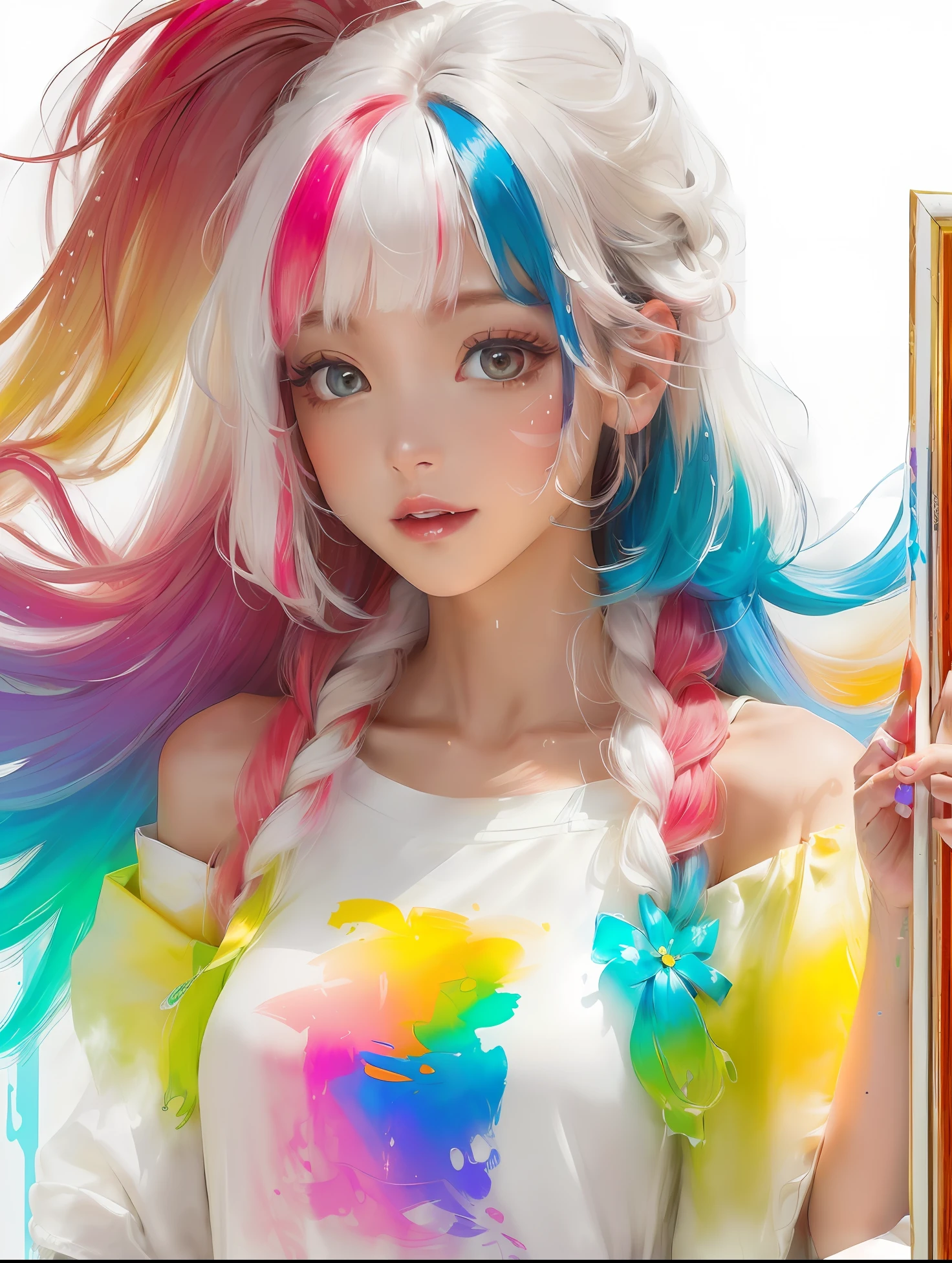 (Pink Fashion T-shirt:1.9),(Colorful hair: 1.8), (all the colours of the rainbow: 1.8),(((((vertical painting:1.6))), (painting:1.6),front, comics, illustrations, paintings, large eyes, crystal clear eyes,( rainbow color gradient high ponytail:1.7), exquisite makeup, closed mouth,(Small Fresh: 1.5),(Wipe Chest: 1.6) ,long eyelashes, white off shoulder T-shirt, White Shoulder Shirt,looking at the audience, large watery eyes, (rainbow colored hair:1.6), color splash, (solo:1.8), color splash, color explosion, thick paint style, messy lines, ((shining)),(colorful), (colorful), (colorful), colorful, Thick Paint Style, (Splash) (Color Splash), Vertical Painting, Upper Body, Paint Splash, Acrylic Pigment, Gradient, Paint, Highest Image Quality, Highest Quality, Masterpiece, Solo, Depth of Field, Face Paint, colorful clothes, (Elegant: 1.2), gorgeous,long hair, wind, (Elegant: 1.3), (Petals: 1.4),(((masterpiece))),(((best quality))),((ultra-detailed)),(illustration),(dynamic angle),((floating)),(paint),((disheveled hair)),(solo),(1girl) , (((detailed anima face))),((beautiful detailed face)),collar,bare shoulders,white hair, ((colorful hair)),((streaked hair)),beautiful detailed eyes,(Gradient color eyes),(((colorful eyes))),(((colorful background))),(((high saturation))),(((surrounded by colorful splashes))),