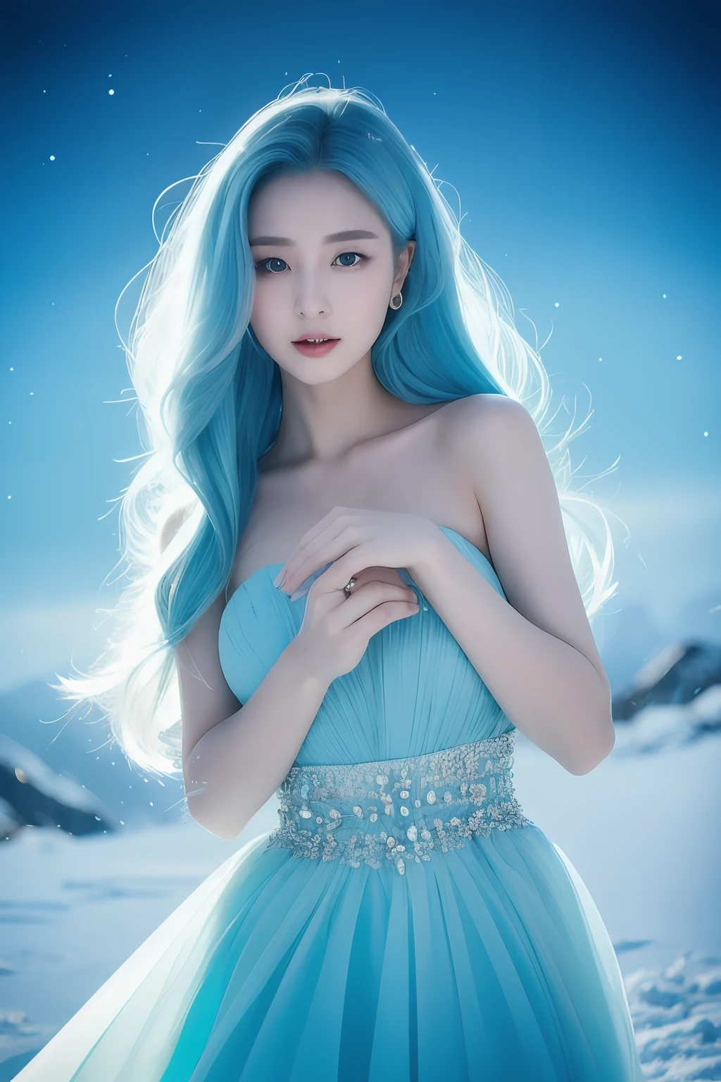 The Iceberg Queen is a tall figure、Beautiful looking women。She had ice blue hair,It's like winter ice,Exudes a mysterious and cold aura。Her hair is soft and smooth,As clear as ice and snow,Each one exudes a faint blue glow。
The Queen's face is graceful,The eyebrows are curved like the moon,Lips slightly pursed,Exudes a touch of pride and confidence。Her melon-like face was as white as snow,Soft and smooth,It's like a meticulously crafted work of art。Her eyes were deep and clear,It's like a pool of turquoise water,It reveals wisdom and determination。
The Queen of Icebergs wears a gorgeous and elegant long dress,The skirt is made of royal blue chiffon,Light and flowy。The skirt features a delicate pleated design,Like falling snowflakes,It was as if a fascinating landscape had formed behind her。
Her body is encrusted with a series of delicate silver jewelry,Exudes an icy glow,Goes well with her ice-blue hair。The queen wears a diamond ring with a shimmering blue light on her finger,Make her more noble and elegant。
The environment in which the Iceberg Queen is located seems to be a perfect portrayal of the world of ice and snow。It is surrounded by rolling glaciers and towering snow-capped mountains,The sun shines on the snow,The whole environment is filled with a bright light。The cold breeze blows lightly,Bring a touch of coolness,But this does not weaken the majesty and temperament of the queen in the slightest。
generally,Iceberg Queen with her ice blue hair、Noble and elegant appearance、Gorgeous makeup and clothing,and the purity and mystery of the ice and snow world that surrounds her,It is impossible to ignore her existence。