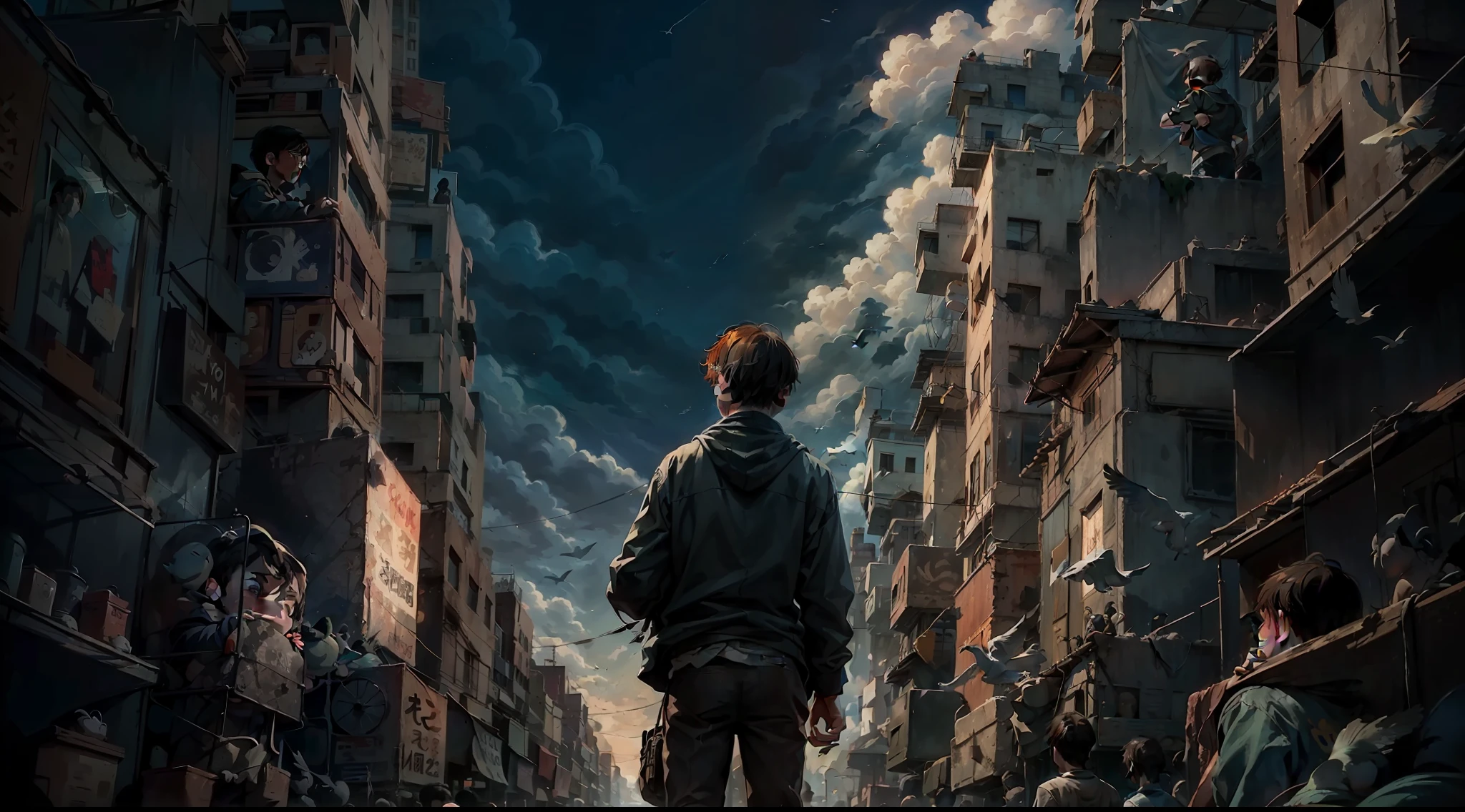 The boy is looking towards the evening sky in a crowd where birds are flying in the sky and the boy is sad