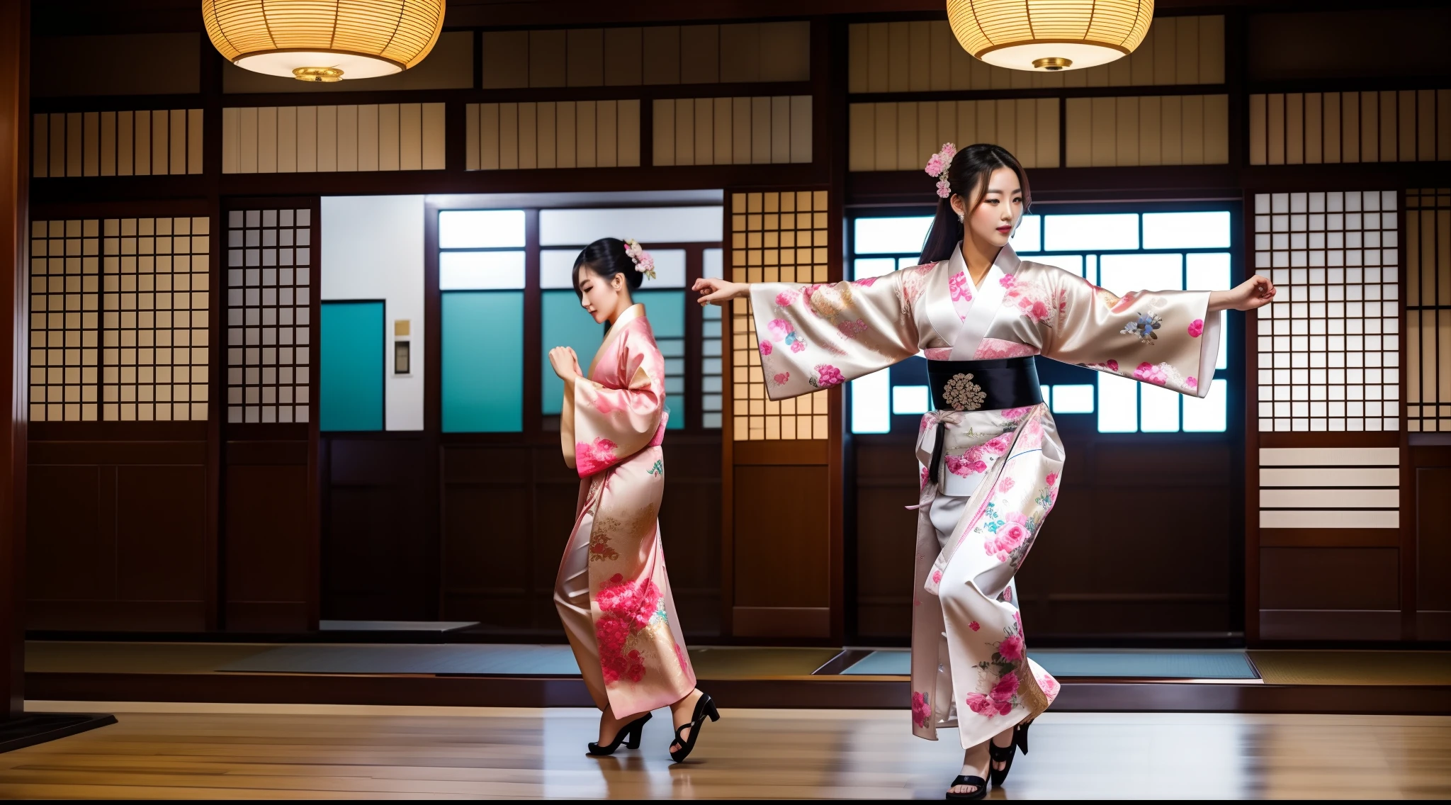 a sexy korean woman wearing kimono and dancing