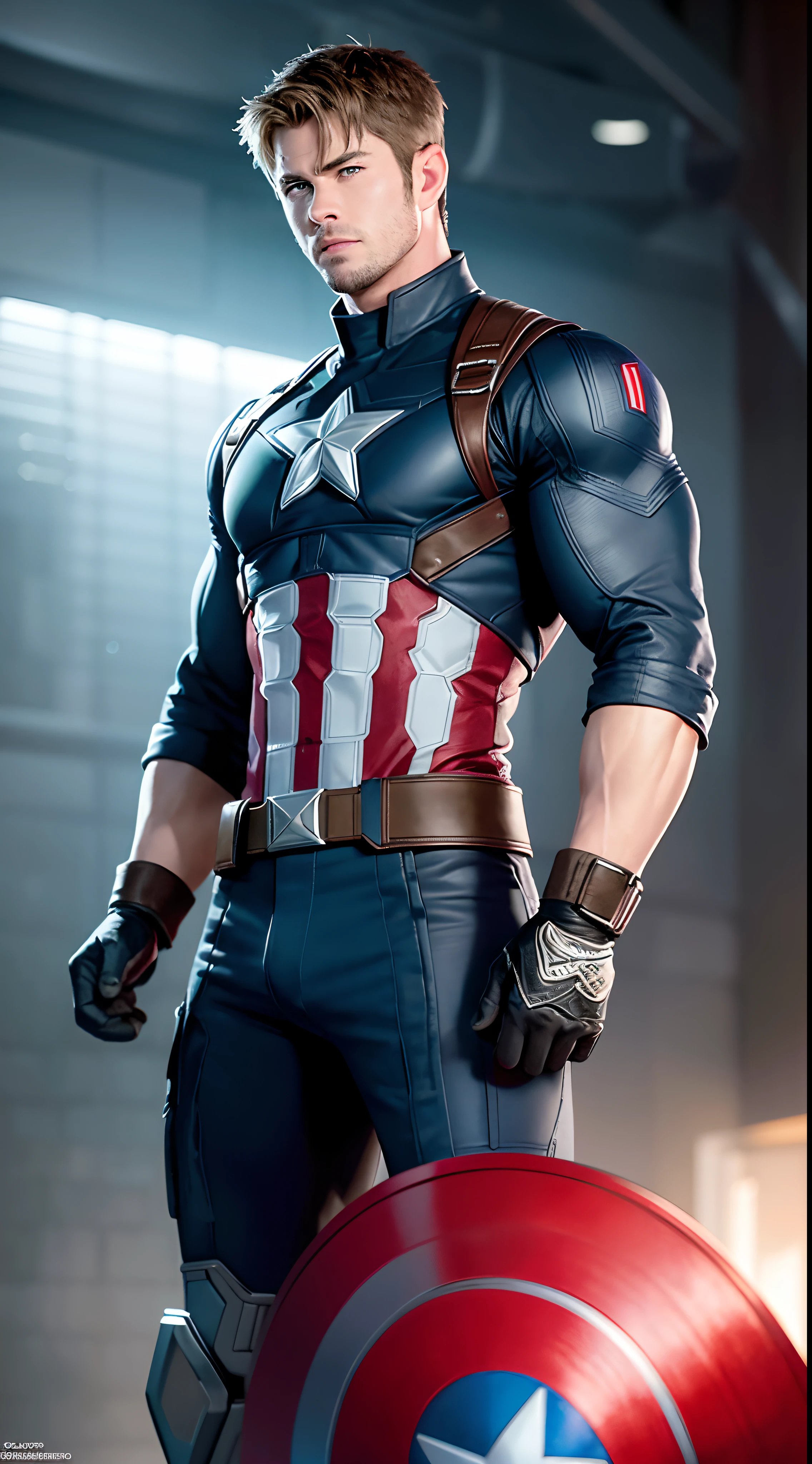 Chris Hemsworth Captain America, Moreno, , with a very detailed midjourny-v4 defined face, well detailed beautiful face, standing in the dark with black particles surrounding the body, well proportioned body perfect shape + anatomy, symmetrical dynamic pose, volume shadow, neon effect of bright dust particles + detailed particles, full hd rendering + 3D octane rendering + unreal engine 5 4k UHD graphics + great detail + impressive lighting + good lighting + complex + fine details + octane rendering + ray tracing + 8k + sharp focus + high vivid contrast, rich DC way, trending on ArtStation