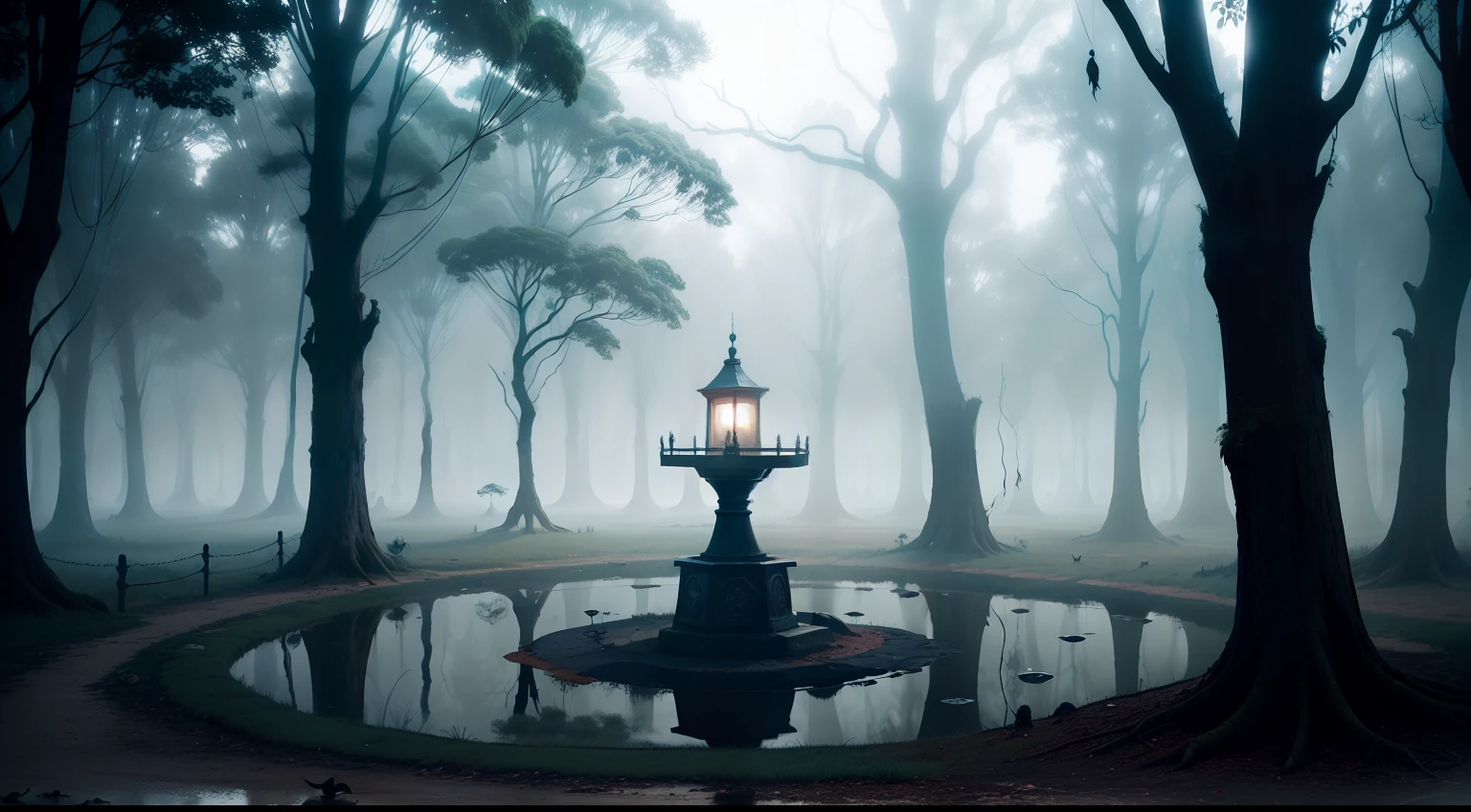 A scary well, de fundo uma floresta densa e obscura, Crows around the well, shadows containing life around the well, muita neblina, lua cheia, tons escuros