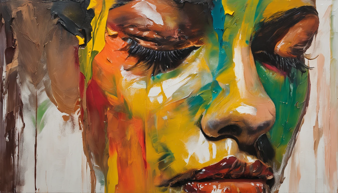 Close-up, ((of a woman with oil running all over her face)), Defronte, hiper-realista, high-gloss liquid, linda mulher, Imagem foto realista, mulher bonita, ultrarrealistas | |, 16k
