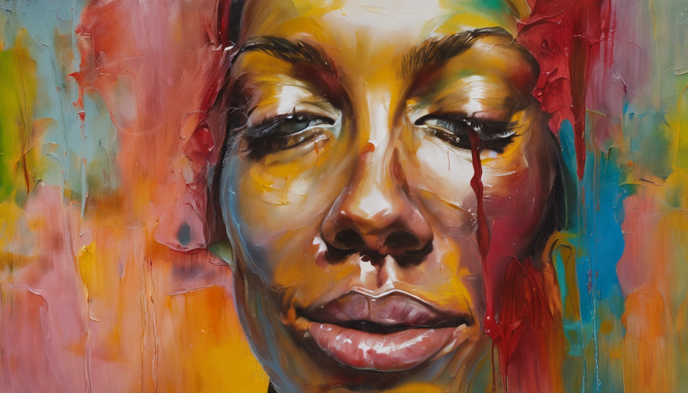 Close-up, ((of a woman with oil running all over her face)), Defronte, hiper-realista, high-gloss liquid, linda mulher, Imagem foto realista, mulher bonita, ultrarrealistas | |, 16k