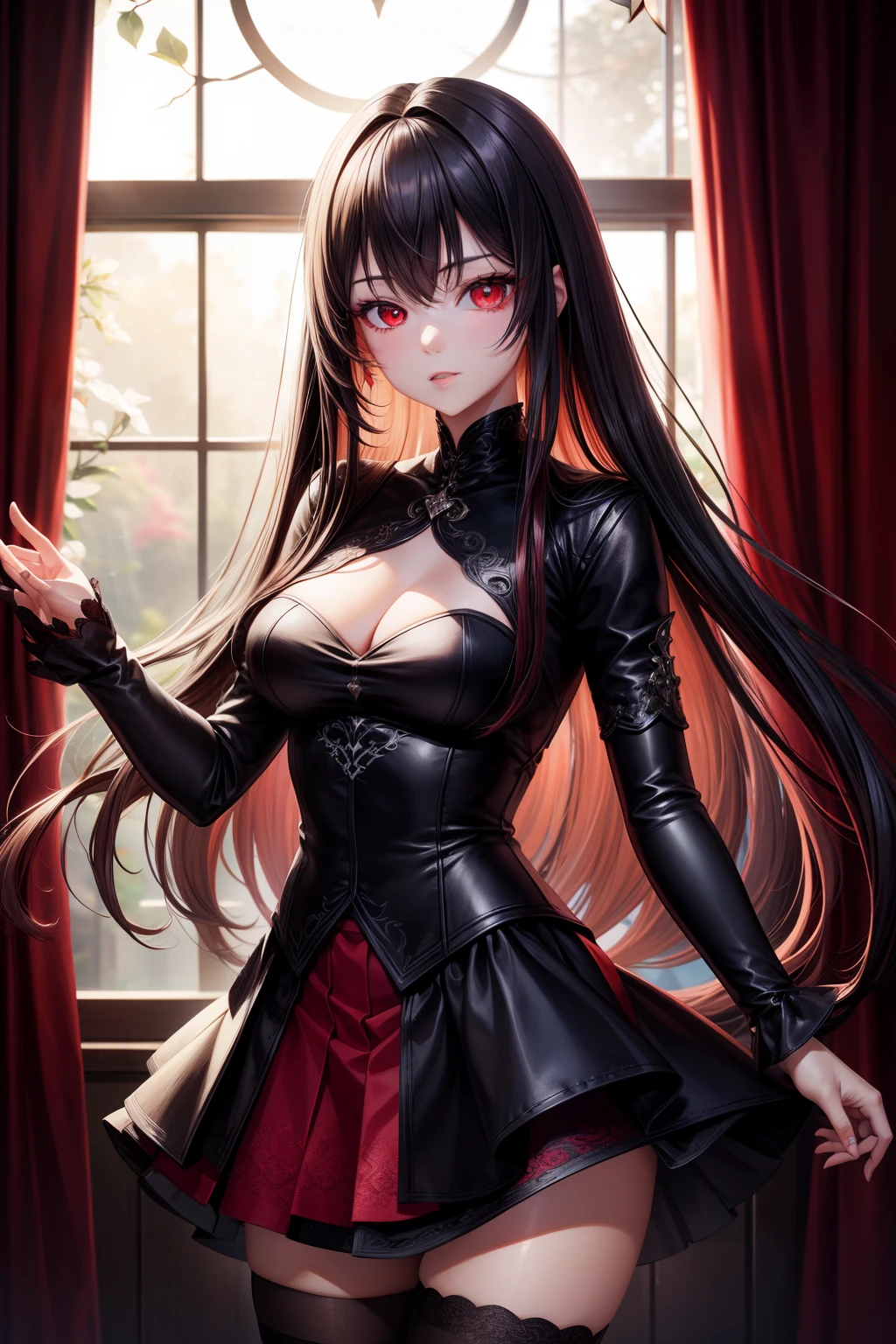 Highest image quality, Outstanding details, Ultra-high resolution, (Realism: 1.4),whaite hair,Red eyes,a skirt,blacksilk,