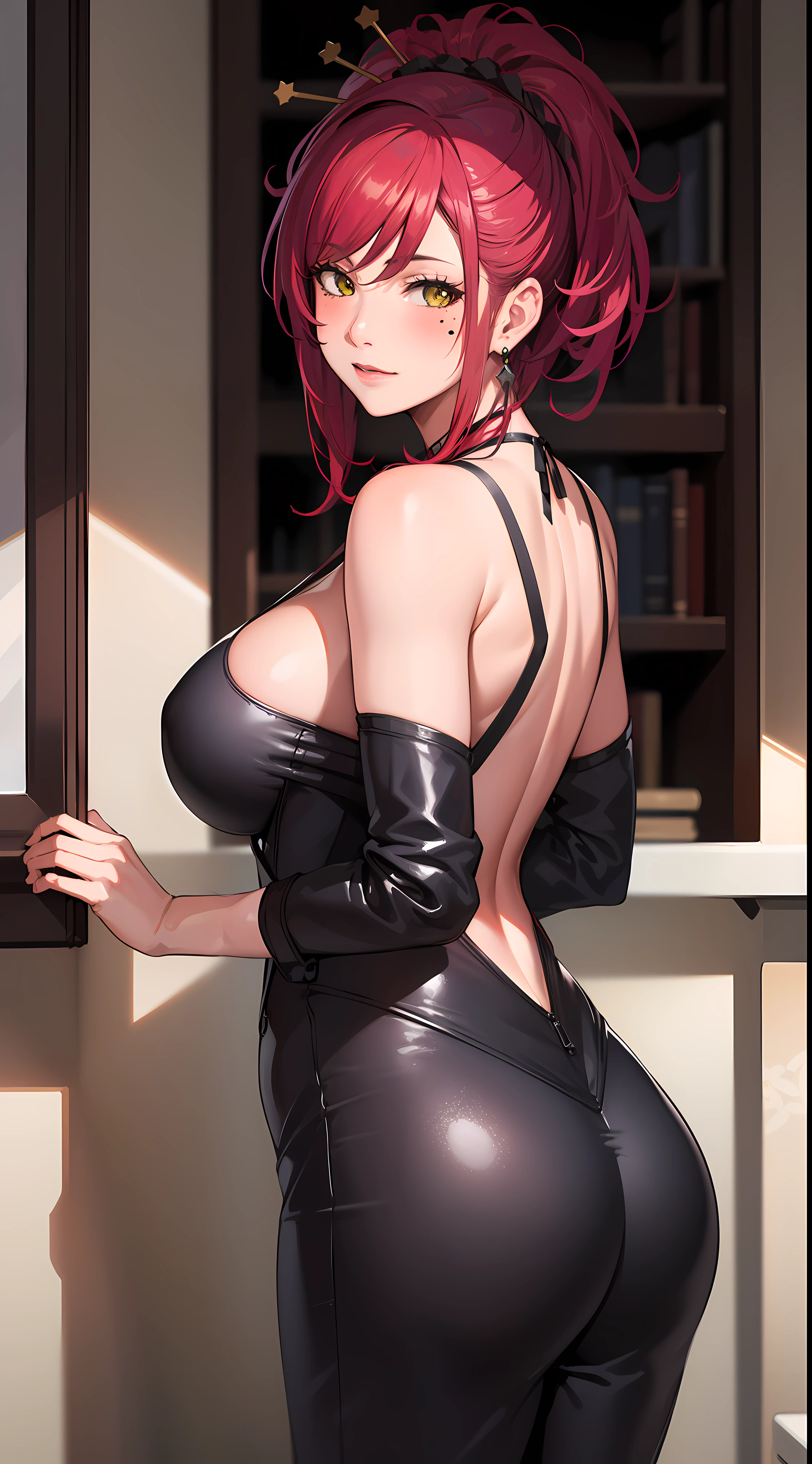 professional artwork, Intricate Details, field of view, sharp focus, detailed painting, photorealistic lighting, trending on pixiv,(masterpiece:1.0),(best_quality:1.0), ultra high res, ultra-detailed, photography, 8K, HDR, highres, absurdres:1.2, Kodak portra 400, film grain, sharp focus, bokeh:1.2, lens flare, (vibrant_color:1.2), Marie Mamiya, mature female, milf, (solo:1.4), (curvy:1.1), (red hair:1.05), hair ornament, (mole under eye:0.9), (yellow eyes:1.05), earrings, (seductive look, blush), bare shoulders, necklace, fingernails, (Large Breasts:1.15), Cleavage, big ass,((upper body, half body shot)), (black jumpsuit:1.4), (((looking at viewer:1.4)))