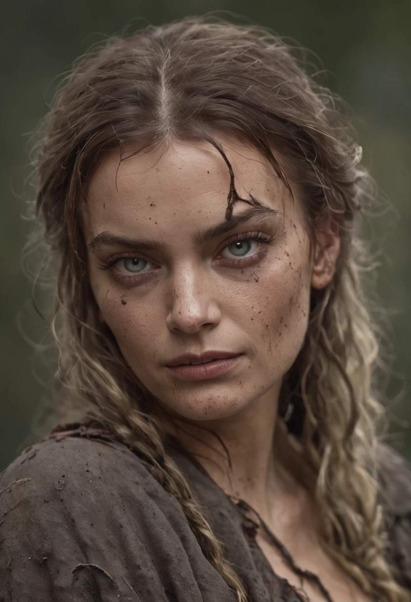 (Full body) Middle aged homely Margot Robbie;. Drina is draped in tattered and rotted clothing that seems to meld seamlessly with her surroundings. Her hair is unkempt and tangled, and her skin is marred with grime and dirt. Her eyes, however, gleam with a disturbing intelligence. (Frank Frazetta) (masterpiece)