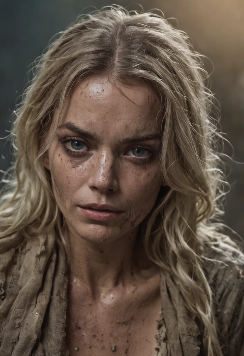 (Full body) Middle  aged homely Margot  Robbie;. Drina is draped in tattered and rotted clothing that seems to meld seamlessly with her surroundings. Her hair is unkempt and tangled, and her skin is marred with grime and dirt. Her eyes, however, gleam with a disturbing intelligence.  (Frank Frazetta) (masterpiece)