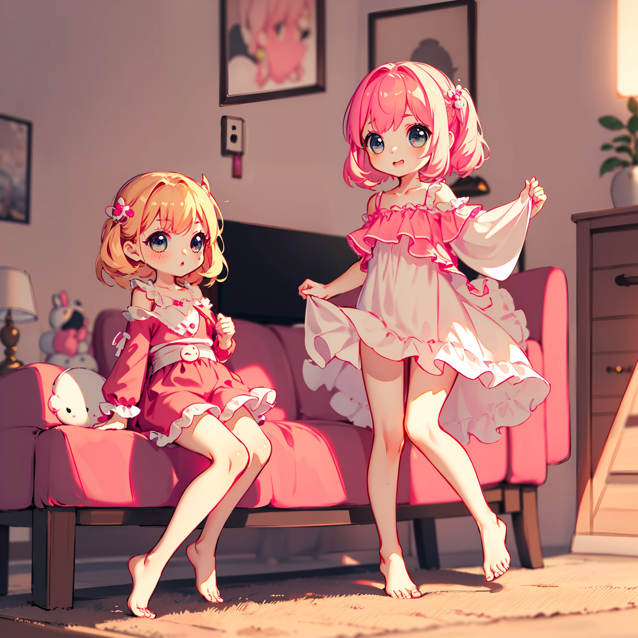 very cute female child:1.5,10 yo,Clothes with peach-colored ruffles:1.8, Barefoot, Summer,action:1.6,dynamic angle,dutch angle shot,low angle,full body shot,medium shot,flat chest:1.5,nsfw:1.3, Cute PINK Living room:1.8,4K, (Raw photo: 1.2), (masutepiece: 1.3), (exquisite detailing: 1.2), Delicate and beautiful details, (Eye Detail), (Facial Detailed), (Highest Quality) :1.4), (Hyper-Resolution: 1.2),(very detailed illustration), Best Quality,depth of fields, Wide light, natural shadows