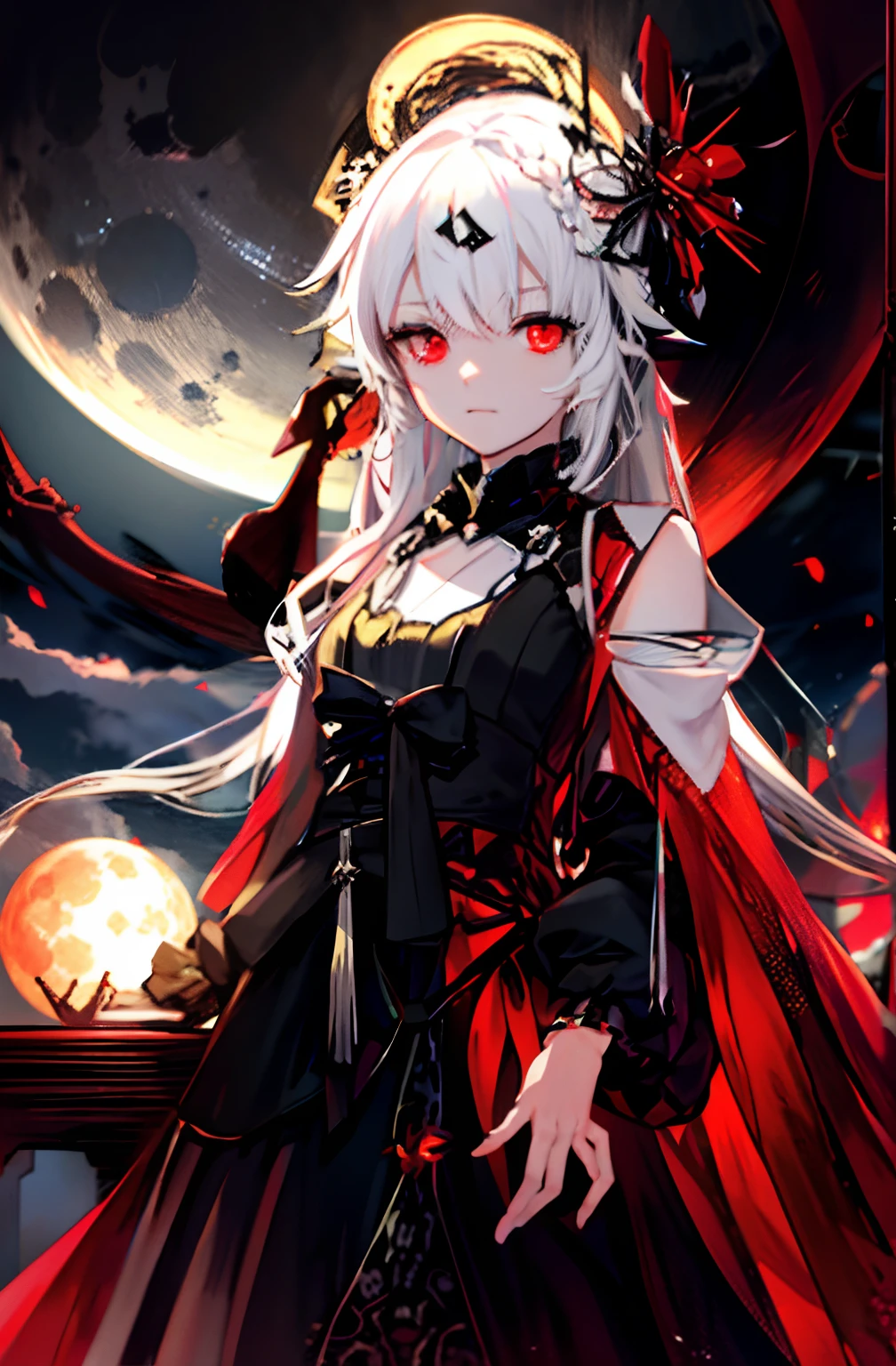 Anime girl with long white hair and red cape standing in front of full moon, nightcore, From Arknights, gothic maiden anime girl, white-haired god, anime wallaper, from girls frontline, Pisif style, Pisif, demon anime girl, with red glowing eyes, Red Moon, white haired Cangcang, style of anime4 K, girls frontline universe, Loli