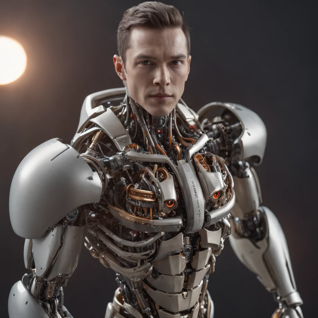 Man with robotic legs, Very detailed prostheses, Metal prostheses, realistic prostheses, corpo atletico, detailed muscles, corpo peludo, cabelo, cabelo blondie, rosto sorridente, olhos azuis, Saqueira, ambiente da academia, fotografia, Ultra realista, topless, Papai