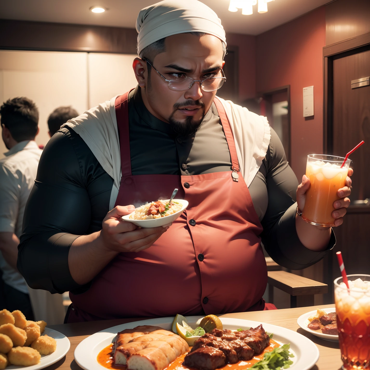 Mahfuz, fattyboy, eating, delicious dishes, holding meat, and cold drink, in party alone