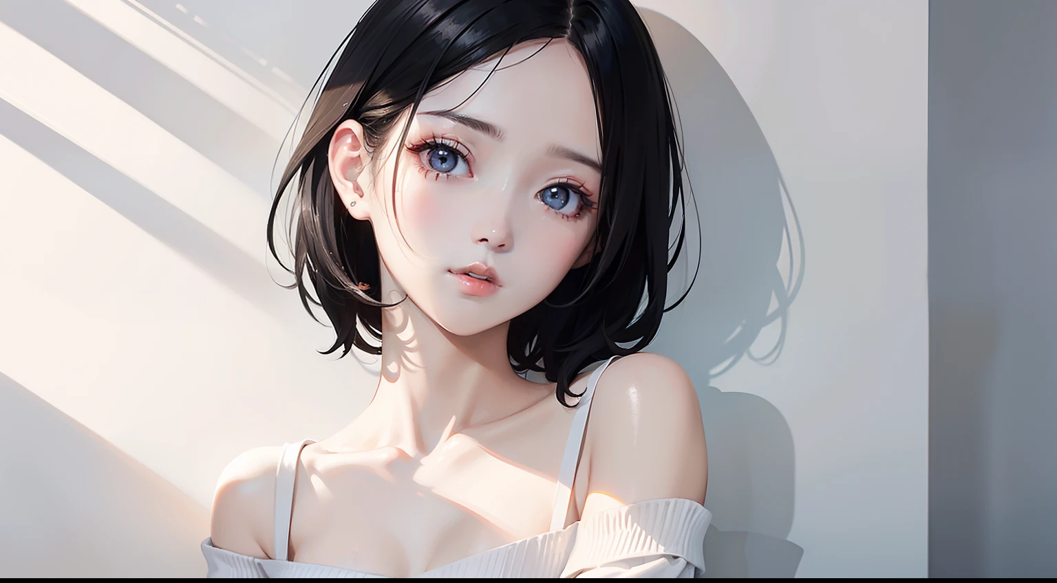 tmasterpiece,best qualtiy,1 girlirl,Short flowing black hair,Short white top,The skin is white and delicate,Delicate and beautiful face,Elaborate Eyes,Extreme light and shadow,Skysky