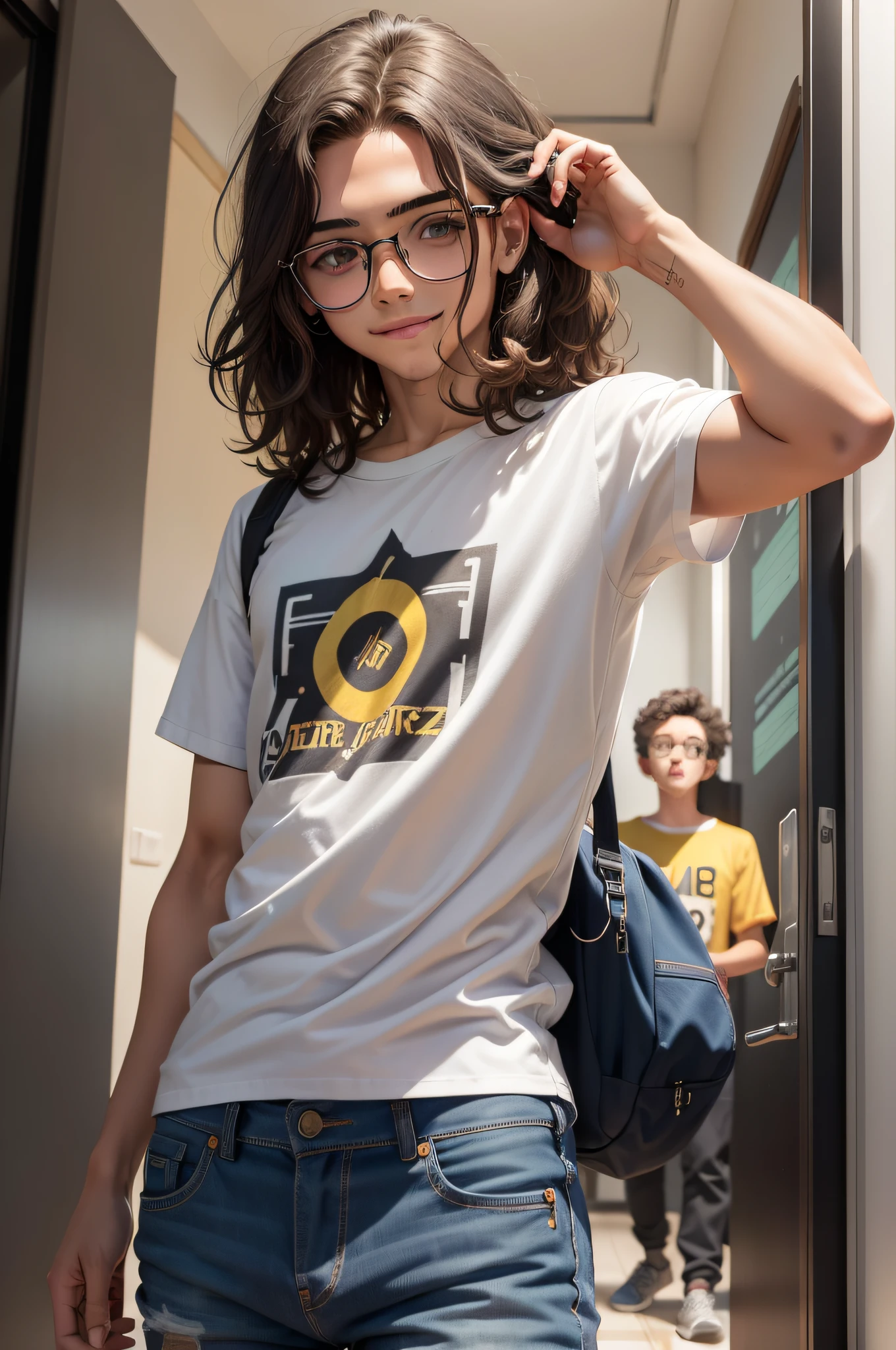 Garoto adolescente, 15 anos de idade, cabelo loiro, pale skinned, round glasses, magro, olhos pretos, vestindo um moletom preto do metallica, wearing jeans, segurando um celular, dentro de uma escola, arte realista, fullhd4k, corpo humano realista, detailed hands, rosto detalhado, humanlike hands, tudo ultra detalhado, cabelo realista, cabelo loiro, rosto humano detalhado, rosto jovial, cabelo amarelo, cabelo dourado, loiro, With a sarcastic smile