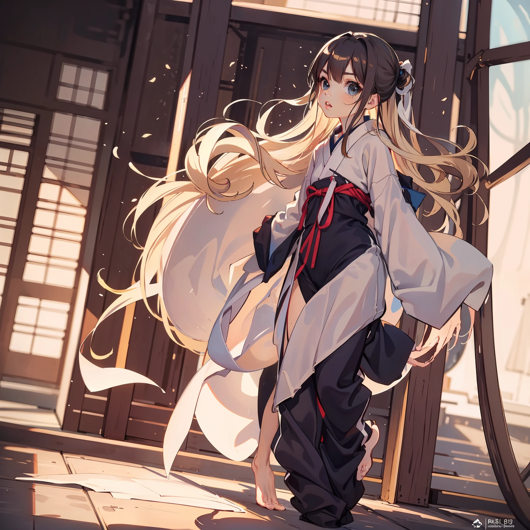 very cute female child:1.1,10 yo,japanese gym-suit:1.8,action:1.6,dynamic angle,dutch angle shot,ground-level shot,low angle,full body shot,medium shot,Barefoot,Summer,day, Long hair,flat chest,Wind,Drooping sweat:1.1,(4K), (Raw photo: 1.2), (Realism: 1.4), (masutepiece: 1.3), (exquisite detailing: 1.2), Delicate and beautiful details, (Eye Detail), (Facial Detailed), (Highest Quality) :1.4), (Hyper-Resolution: 1.2),(very detailed illustration), Best Quality,depth of fields, Wide light, natural shadows