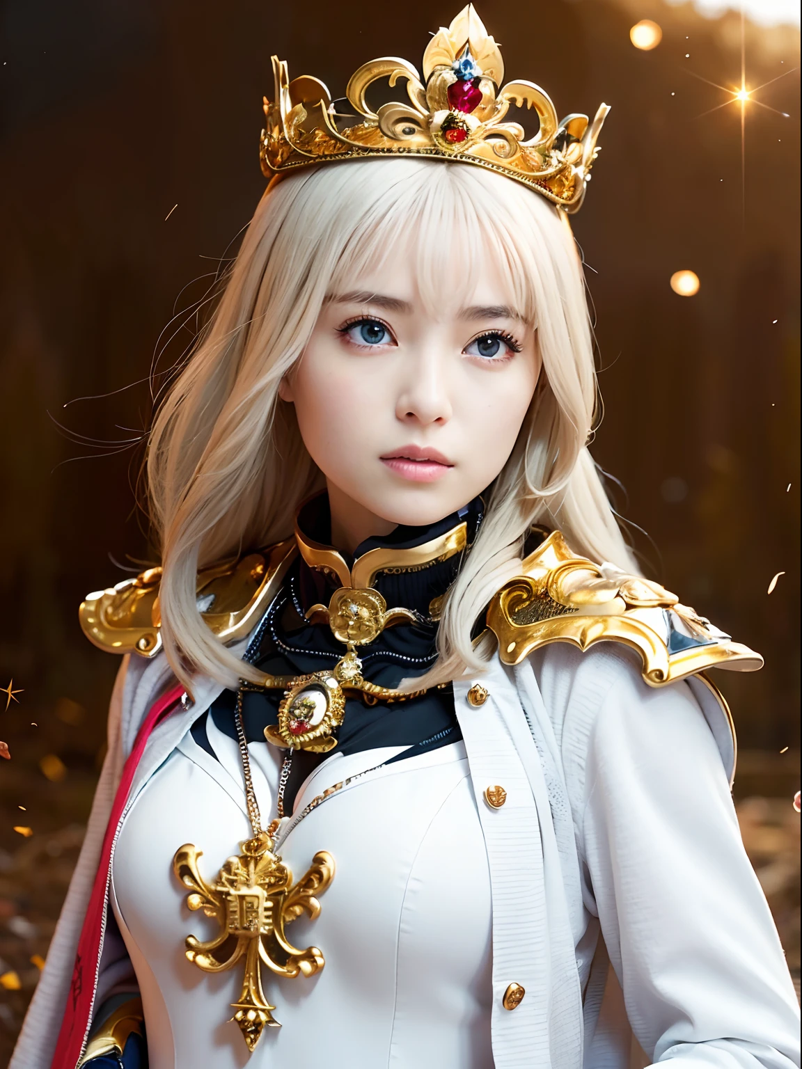 (masutepiece), Professional , ​masterpiece、top-quality、photos realistic , depth of fields （Gemstone White Metal Body:1.９),(Matte White、Jewel Gold Weapon（Jewel Metal Body:1.４),Gorgeous metal weapons ,（（ Detailed and gorgeous sword of the brave）） , Beautiful knife   ,warhammer 40k , adepta sororitas,Detail and ornate jewel crown、（（Golden hair））、（（Gangle's forest background））、Beautiful Caucasian beauty、１a person、dynamic ungle,(((Detailed and ornate diamond crown)))、Smaller head、A smile、Background inside the castle、Thin and beautiful female hands、cleavage of the breast、Soldier in iron armor on background、Mystical expression、Light Effects、intense fighting、Wind-effect、