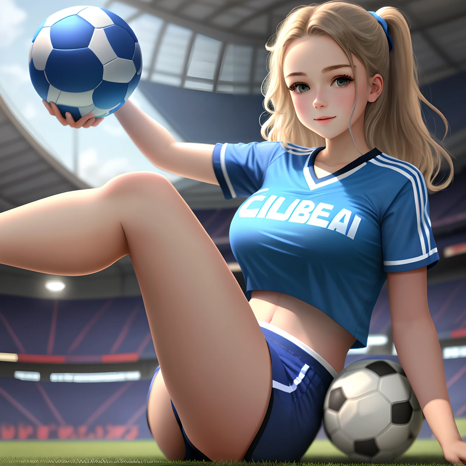 Beautiful big breasts wearing blue cheerleading shirt holding colored ball in hand young girl showing waist on soccer field