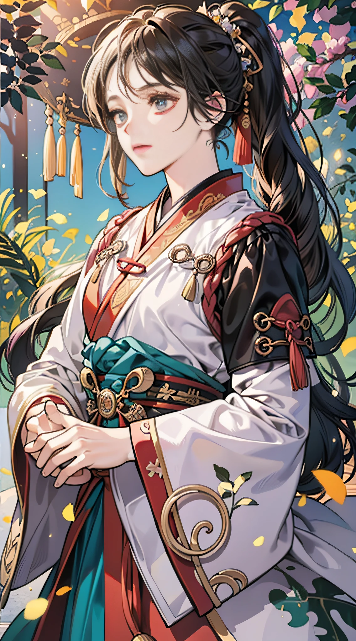 Masterpiece, best quality, high quality, very detailed CG unified 8k wallpaper, girl with long black ponytail, wearing cool period costume Hanfu, handsome, standing fairy streamer national style Chinese style, breeze, needles, branches, bokeh, depth field