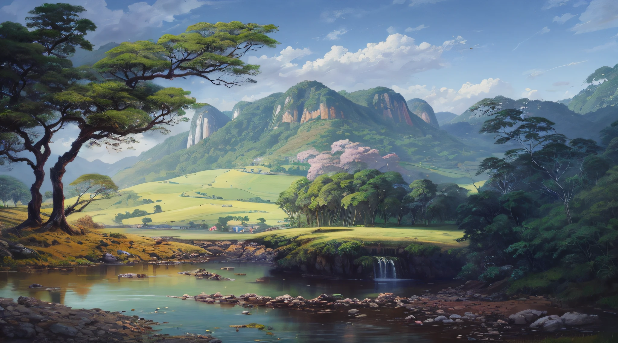 pintura de um rio que atravessa um vale verde exuberante com montanhas ao fundo, colinas fluidas, 8k resolution digital painting, 8k resolution digital painting, Pintura digital 4K, Pintura digital 4k, pintura digital detalhada, baixo detalhamento. pintura digital, Pintura Digital de Alto Detalhe, peaceful landscape, rio, trees and hills, pintura detalhada 4K, pintura digital 4k