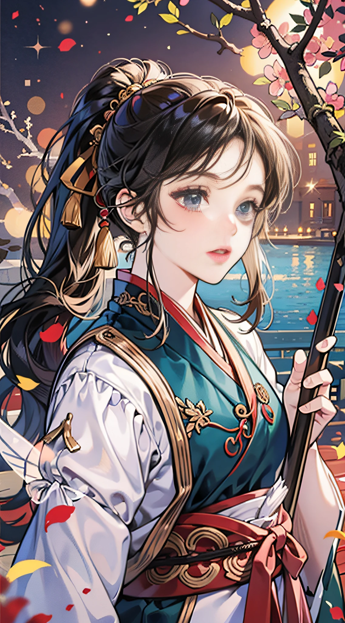Masterpiece, best quality, high quality, very detailed CG unified 8k wallpaper, girl with long black ponytail, wearing cool period costume Hanfu, handsome, standing fairy streamer national style Chinese style, breeze, needles, branches, bokeh, depth field
