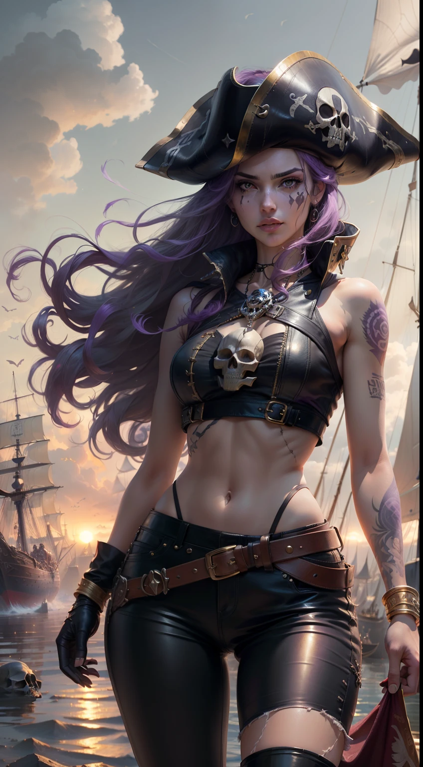 Woman, jellyfish, (feudal middle age:1.1), see through lace lingerie, Slavic appearance, (long straight purple hair gradient pro red), (red eyes), (strong expression look), purple lipstick, fair skin, (black color gothic clothes with red details:1.1), cinematic lighting, mystical atmosphere, dynamic focus, ultra reality, ultra realistic, ultra quality, real, real texture:1.1, realistic clothes:1.1, 8k insaneres,  absurd, pirate hat
on board a pirate ship like black pearl, stormy weather. god rays, low key lighting, midriff, cleavage, sexy, seductive, teasing, broken ships behind, explosions, fires, 