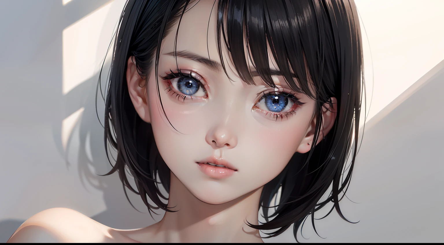 tmasterpiece,best qualtiy,1 girlirl,Short flowing black hair,Short white top,The skin is white and delicate,Delicate and beautiful face,Elaborate Eyes,Extreme light and shadow,Skysky