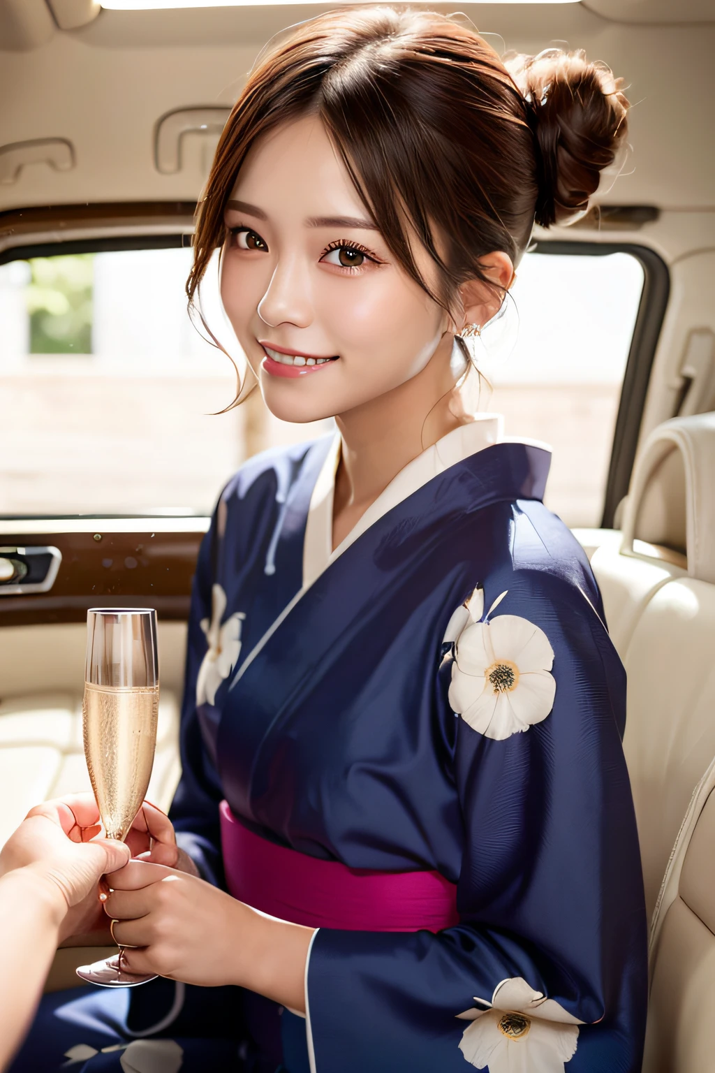 first-person-view, (masterpiece:1.3), high resolution, ultra detailed, extremely detailed CG unity 8k wallpaper, realistic, photo-realistic, RAW photo, beautiful detailed face, pale skin, realistic glistening skin, detailed cloth texture, detailed hair texture, Perfect body, Beautiful Face, accurate, Anatomically correct, Highly detailed face and skin texture, natural neck length, (beautiful hands), (fair skin:1.2), Thin legs, Thin feet, Well-aligned teeth,
BREAK,
Detailed eyes, symmetric eyes, Light Brown eyes, Double eyelids, Thin eyebrows, (Glossy lips:1.4), ((Gently smile:1.2)), (blush:1.1), (A sparkling small hair accessory:1.1),
BREAK,
(A classy and Beautiful girl:1.3), (1 girl, solo), (Wearing A classy navy blue yukata with white flower patterns:1.3),
BREAK,
medium large breasts, slender figure, firm abs, beautiful clavicle, ((updo hairstyle:1.2)), (Dark blonde hair), ((wavy hair, long hair:1.2)),
(Upper body shot:1.2), (looking at viewer), From front,
BREAK,
((Sitting opposite on the luxury seat of a Limousine:1.2)), ((To toast with a champagne glass at Night:1.4)),