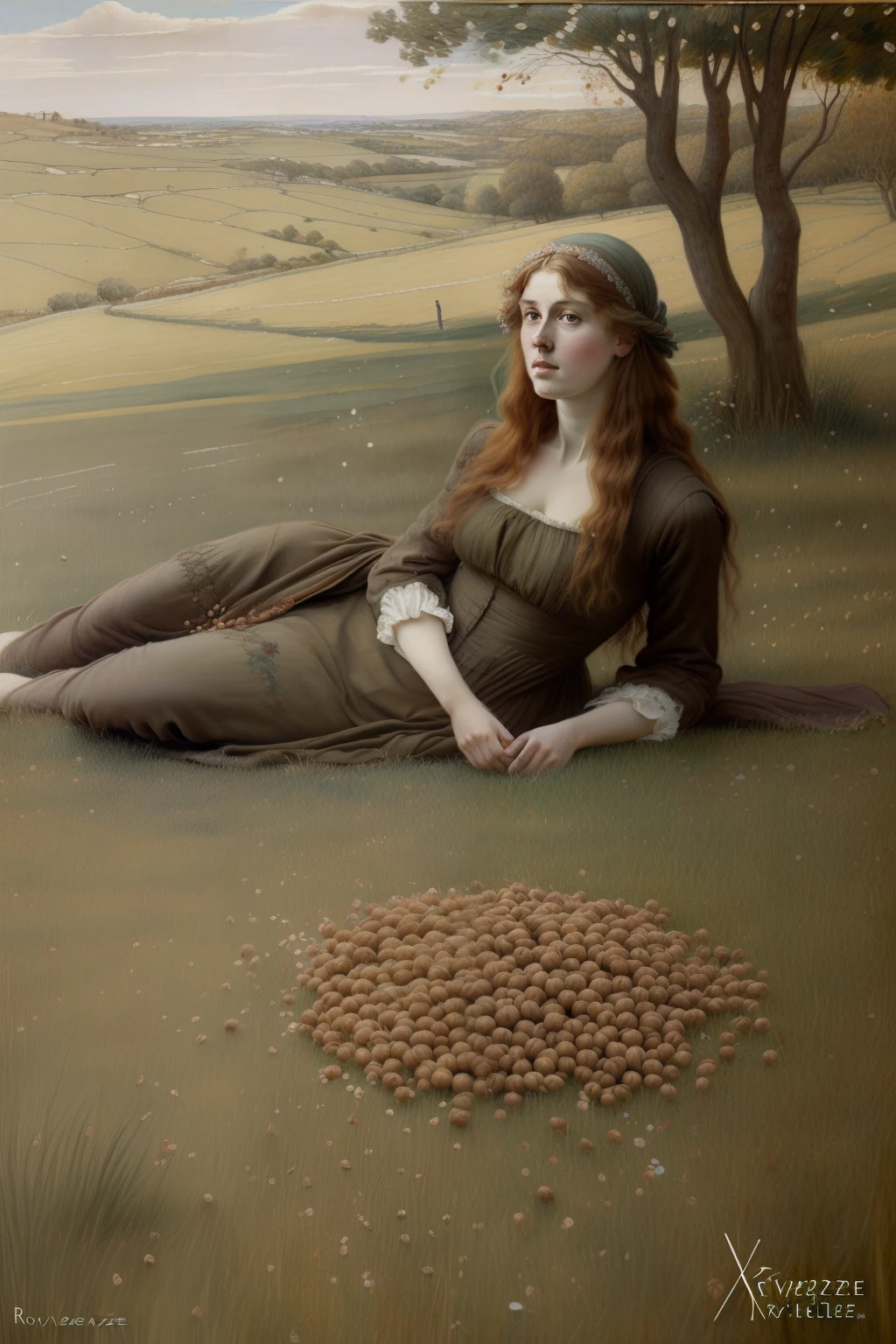(((Pre-Raphaelite painting of hazelnuts scattered on grass, ramos de aveleira, roupa xadrez celta)))
