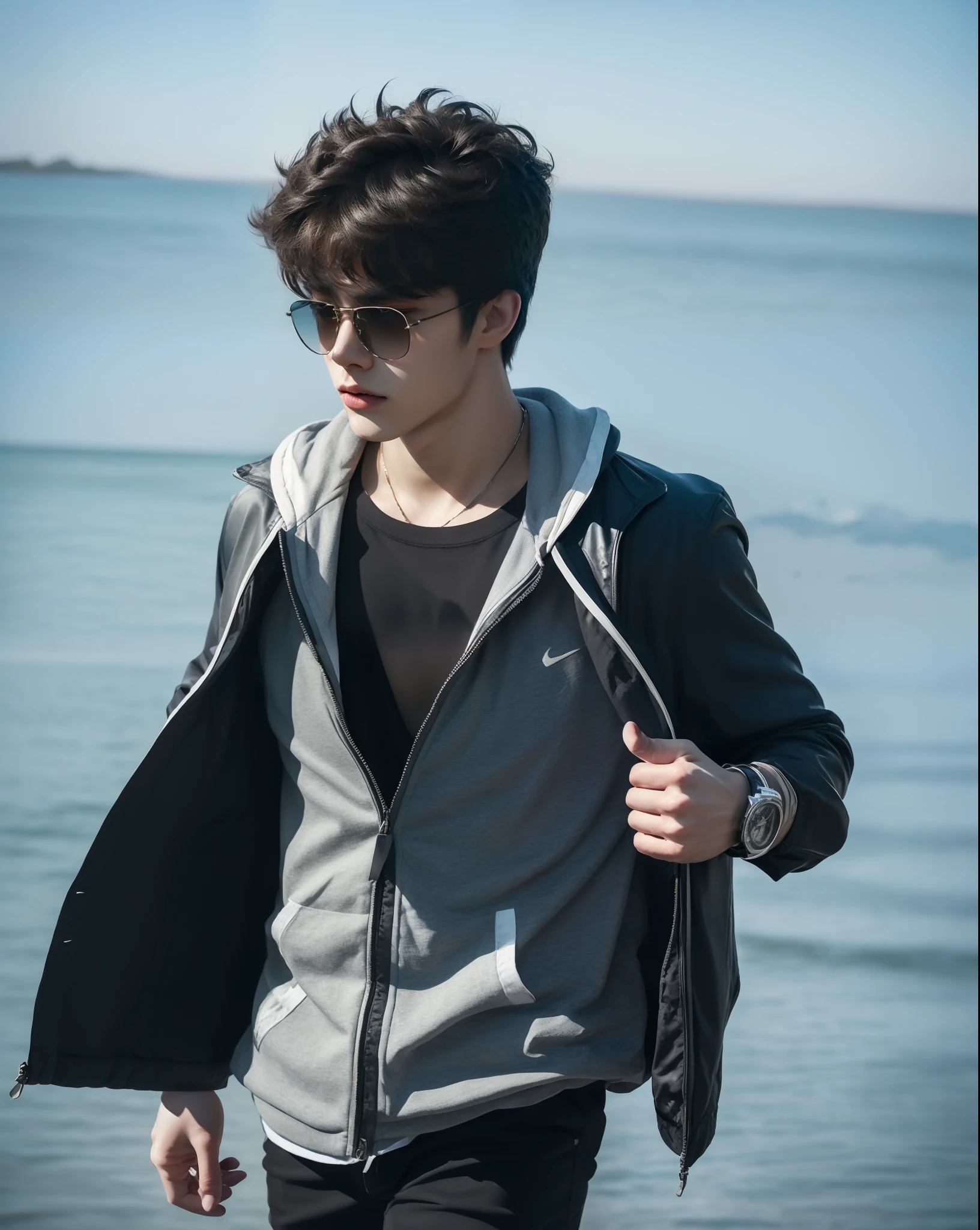 1 man, evening, tranquil (Eyes with realistic details, Realistic face details), Breathtaking light, soft., deep depth of field, bokeh, vibrant details, exquisitely detailed,Take off your shirt. Very handsome, 18 years old, muscular, create , my avatar, wearing sunglass