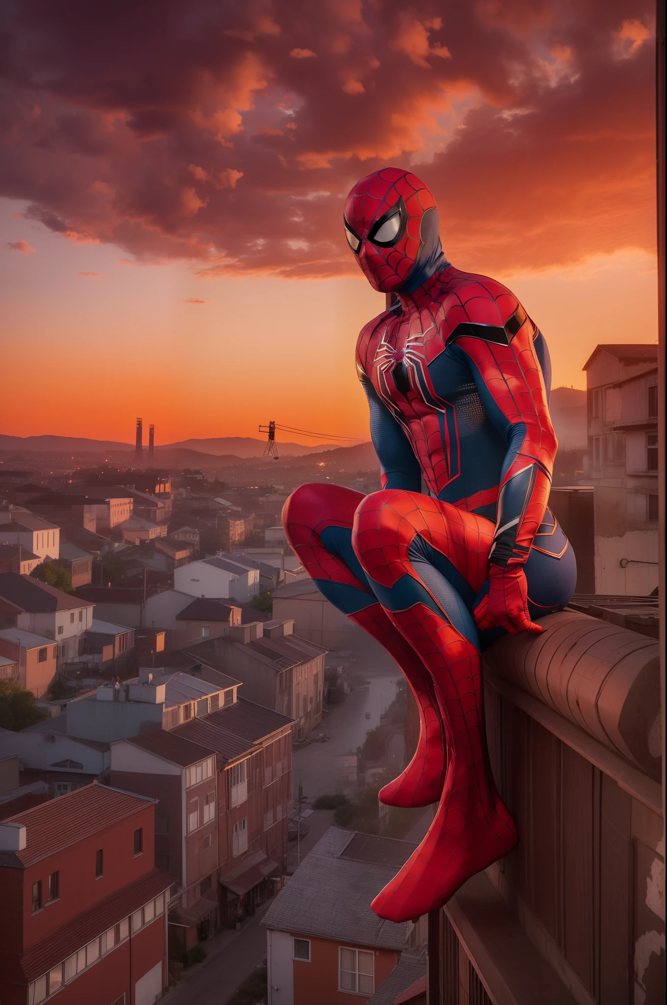Imagine a special moment as a masked Spider-Man, Wearing an extraordinary ensemble, Against a backdrop that looks down from the highest point of the industrial area of a peaceful rural town, The sky is decorated with orange and purple hues of sunset, creating a magical atmosphere. The Spider-Man costume is a work of art, Gives an atmosphere of mystery and sophistication