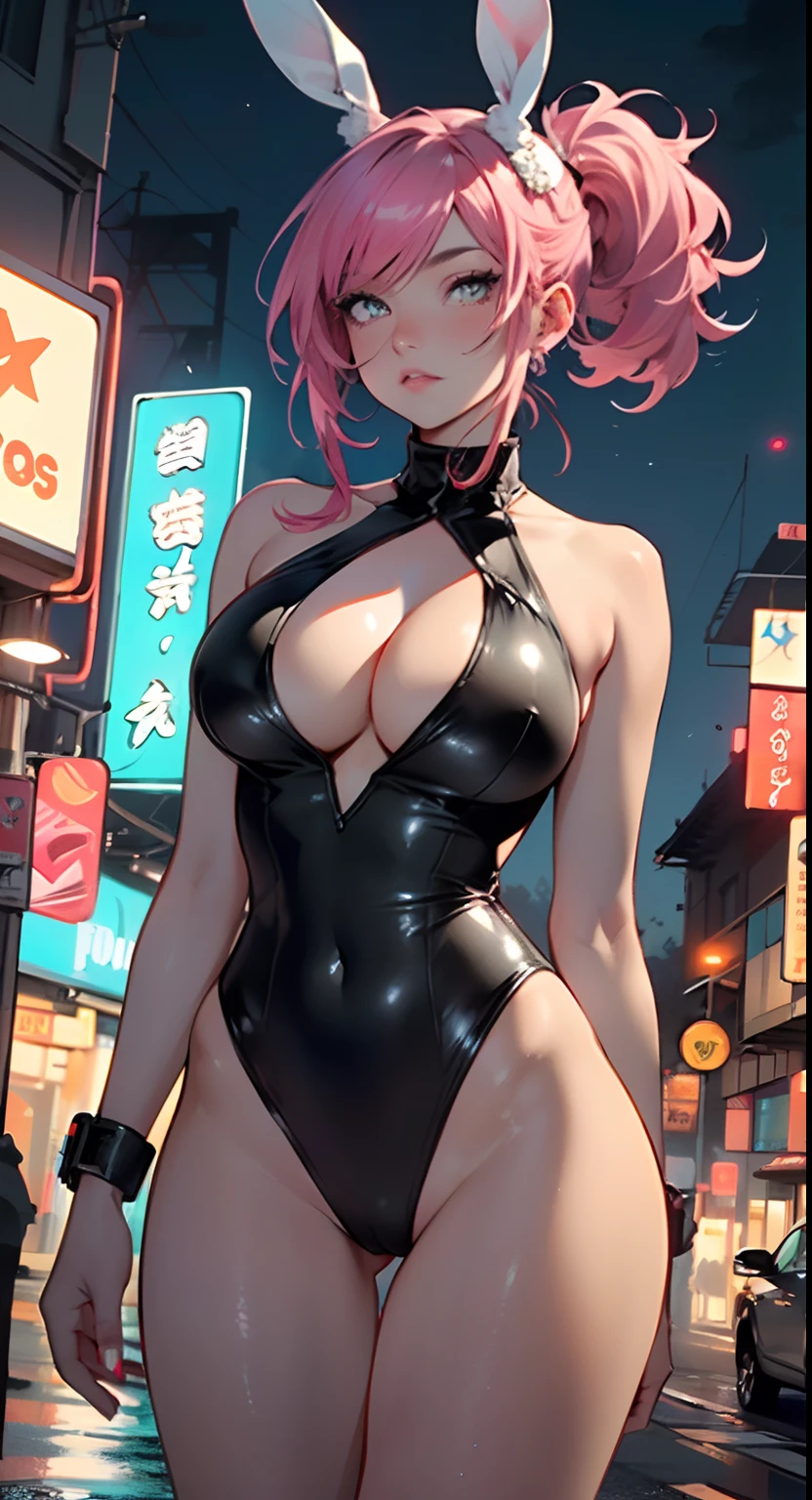 cute bunny girl,(((1girl))),((anime muscle bunny girl with extremely cute and beautiful magenta hair walking seductively down the street)),(((bunny girl,anthro furry cute,bunny-girl))),(((bunny ears,bunny ears on head,big bunny ears))),
(large breasts:1.4),saggy breasts,(((magenta hair:1.35,colored inner hair,ear breathing,ponytail hair))),((heterochromia,eye1 red eye2 magenta,perfect eyes,upturned eyes:1.3,beautiful detailed eyes,finely detailed beautiful eyes:1,big highlight on eyes:1.2,slanted eyes)),((fat)),(((lustrous skin:1.5,bright skin: 1.5,skin tanned,shiny skin,very shiny skin,shiny body,plastic glitter skin,exaggerated shiny skin))),(spider lower abdomen,narrow waist,wide hip,athletic body,inflated legs,delicate detailed fingers,detailed body,detailed arms,human hands,(detailed face)),muscular,muscular girl,abs,
cute,slutty,seductive,erotic,(((nsfw))),
(((slingshot swimsuit))),(((huge cleavage))),(detailed outfit,detailed clothes),
(dynamic pose:1.0),solo focus,embarrassed,centered,scale to fit dimensions,Rule of thirds,
outdoors,((night view)),(very pretty city neon synthwave,cyberpunk night street Background:1.5,dark sky,thick clouds),future vehicles,((neon lights)),thick clouds,(cyberpunk style,neon lights, (synthwave theme background), lonely street),(((detailed background:1.25))),
(best quality),(high resolution),(sharp focus),(ultra detailed),(extremely detailed),(extremely high quality artwork),8k_wallpaper,(extremely detailed CG 8k),(very fine 8K CG),((hyper super ultra detailed perfect piece)),flawless,(((masterpiece))),illustration,vibrant colors,(intricate),High contrast,Selective lighting,Double exposure,HDR (High Dynamic Range),Post-processing,Background blur,