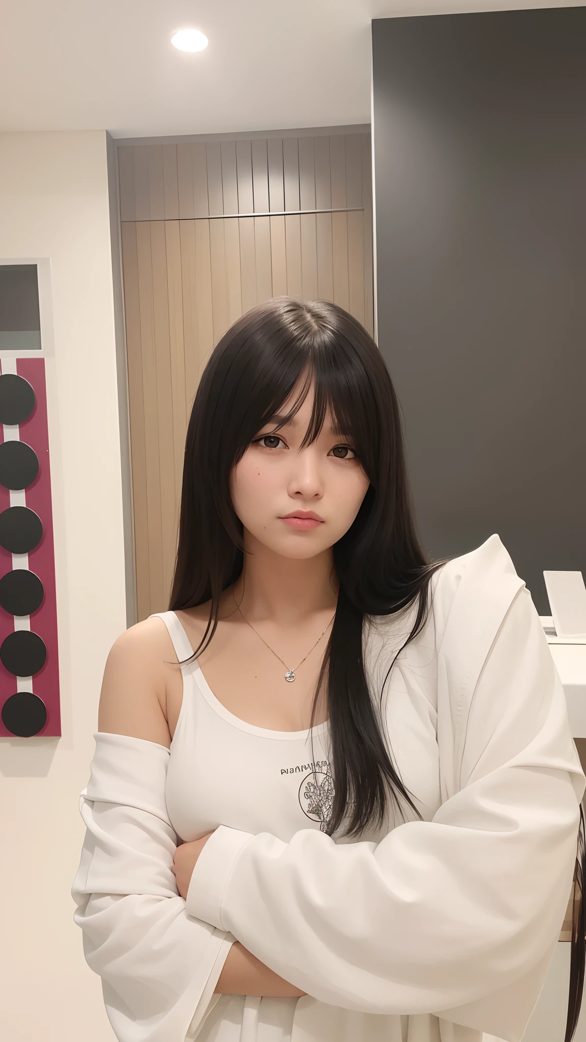 araffe woman with long black hair posing for a picture, she has black hair with bangs, with bangs,