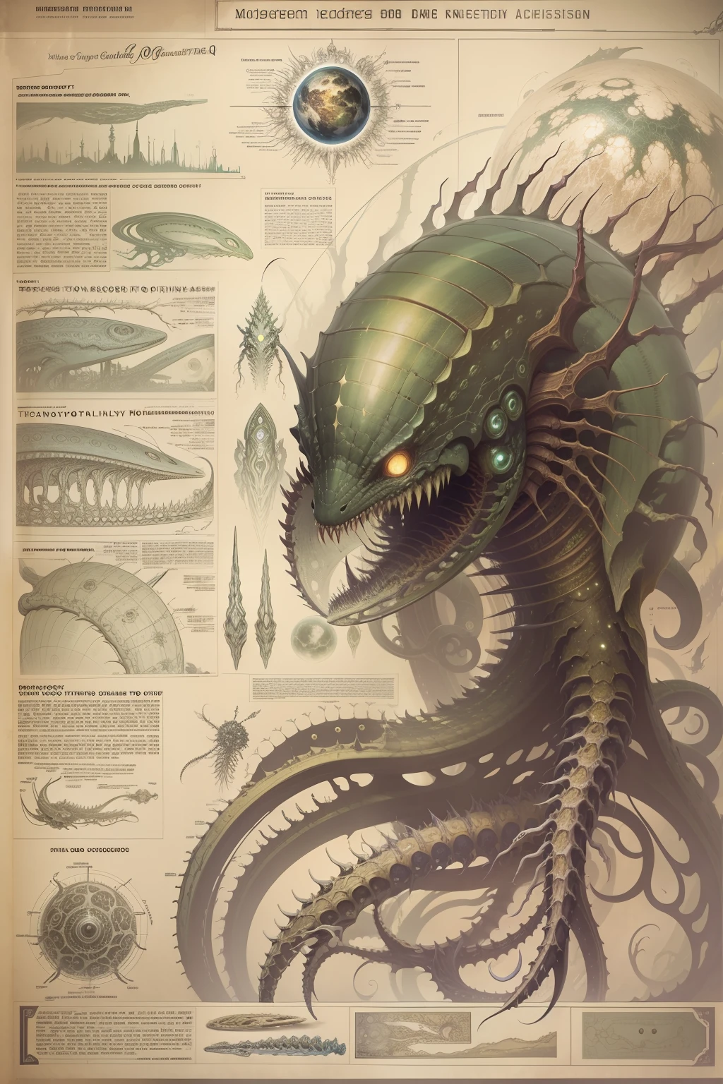 Fantasy 00D technical drawing, Infographics, Charts, A cosmic anatomy monster with many limbs, Sharp teeth, Spines, Glowing eyes, stinger, mutations, Infographics, Scientific, Data diagram, nervous system, milky ways, Radiopigments, midnight aura, Ultra detailed, h.r. Giger, Max Ernst, tomas kinkade, Robert Goncalves, Dark galactic background