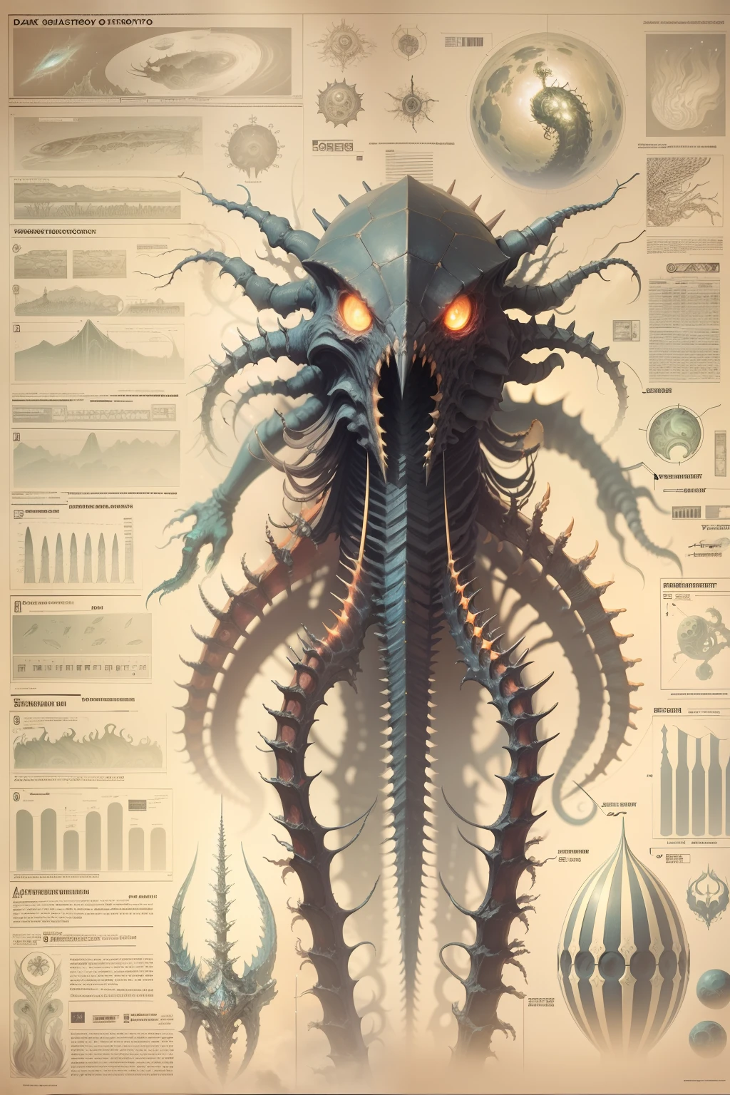 Fantasy 00D technical drawing, Infographics, Charts, A cosmic anatomy monster with many limbs, Sharp teeth, Spines, Glowing eyes, stinger, mutations, Infographics, Scientific, Data diagram, nervous system, milky ways, Radiopigments, midnight aura, Ultra detailed, h.r. Giger, Max Ernst, tomas kinkade, Robert Goncalves, Dark galactic background