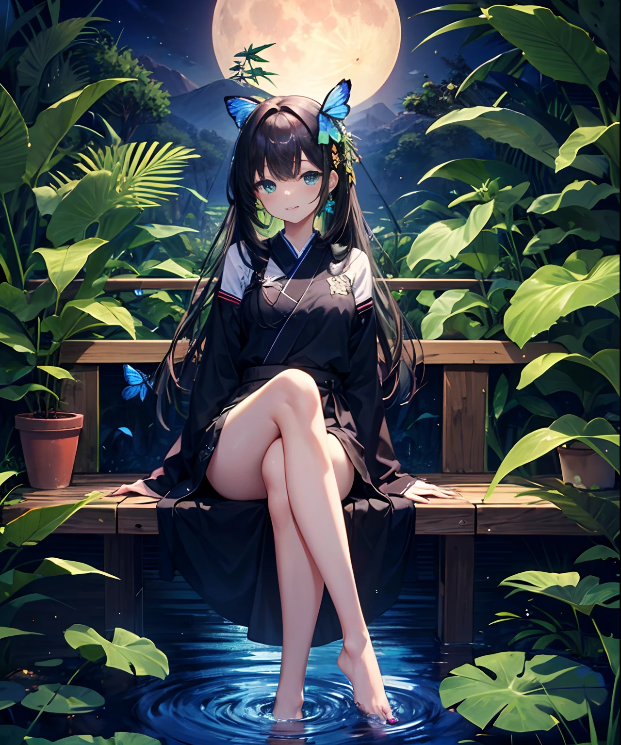(((​masterpiece)))、(((top-quality)))、((ultra-detailliert))、(illustratio)、((extremely delicate and beautiful))、（cute eye）、full_moon, fronds, a moon, a plant, potted_plant, bamboo, 1girl in, palm_tree, butterflys, bug, Eau, Tanabata, branch, bare-legged, natta, lily_pad, tanzaku, soaking_feet, vine, 独奏, plein air, The tree, sitting on, black_hair, long_hair, wetty, florals, a smile, ivy, green_eyes, doress, lily_of_the_valley, Skysky, hair_ornament, bangss, blue_butterfly, bare_legs, looking_at_viewer, long_sleeves, nail_polish、palm_leaf