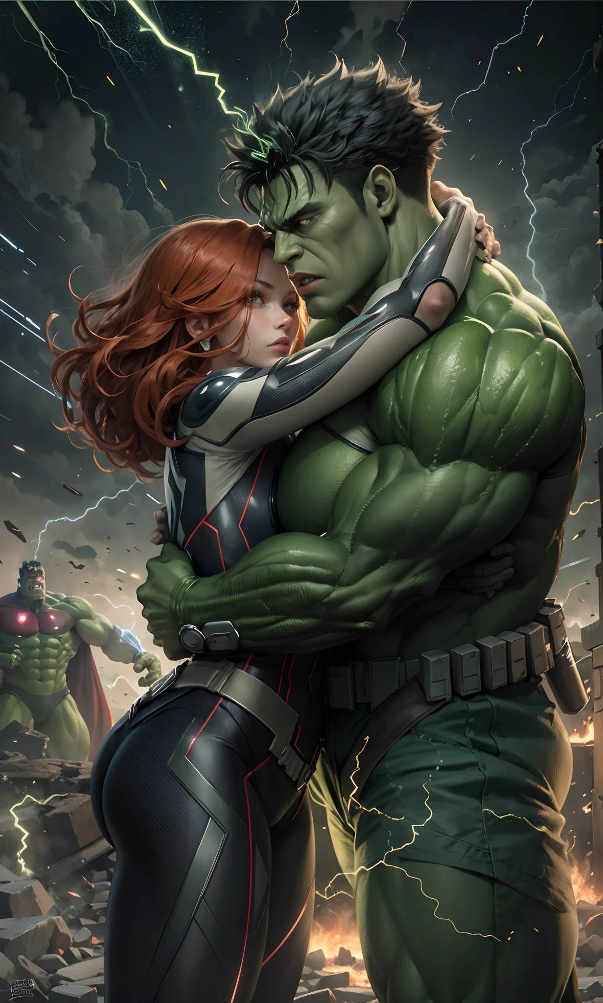 (((Poison Ivy))), (((Superman))), High quality, best quality, masterpiece, (1boy1 1girl), (hetero:1.5), mature woman, curves, long wavy redhead hair, green eyes. cleavage. (((woman wearing strapless black leotard)))