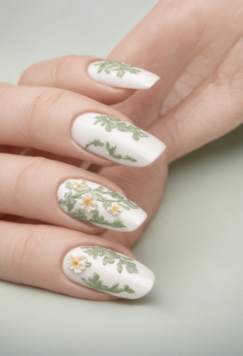 Develop an ultra-realistic image of hands with fiber nails decorated with nail art inspired by a botanical garden, with delicate hand-painted flowers and embossed details