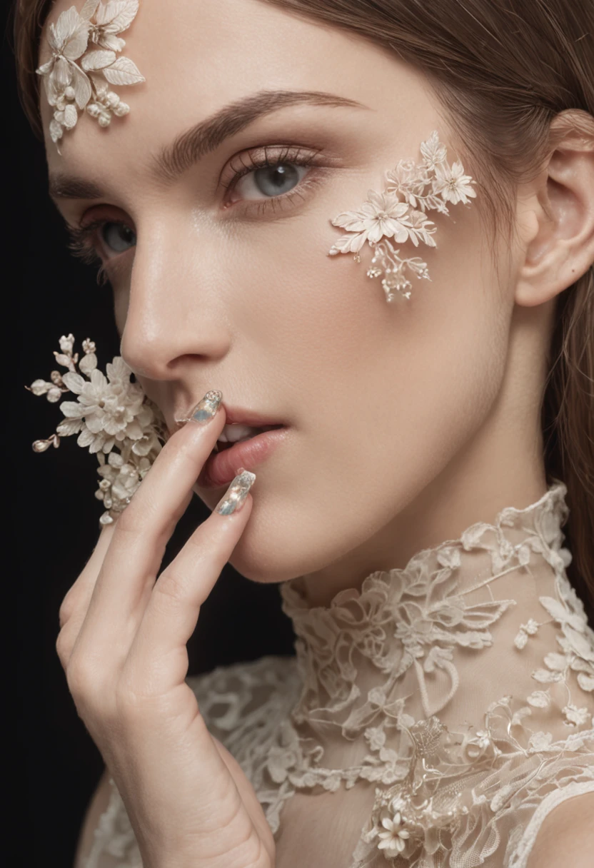 Develop an ultra-realistic image of hands with fiber nails decorated with nail art inspired by a botanical garden, with delicate hand-painted flowers and embossed details
