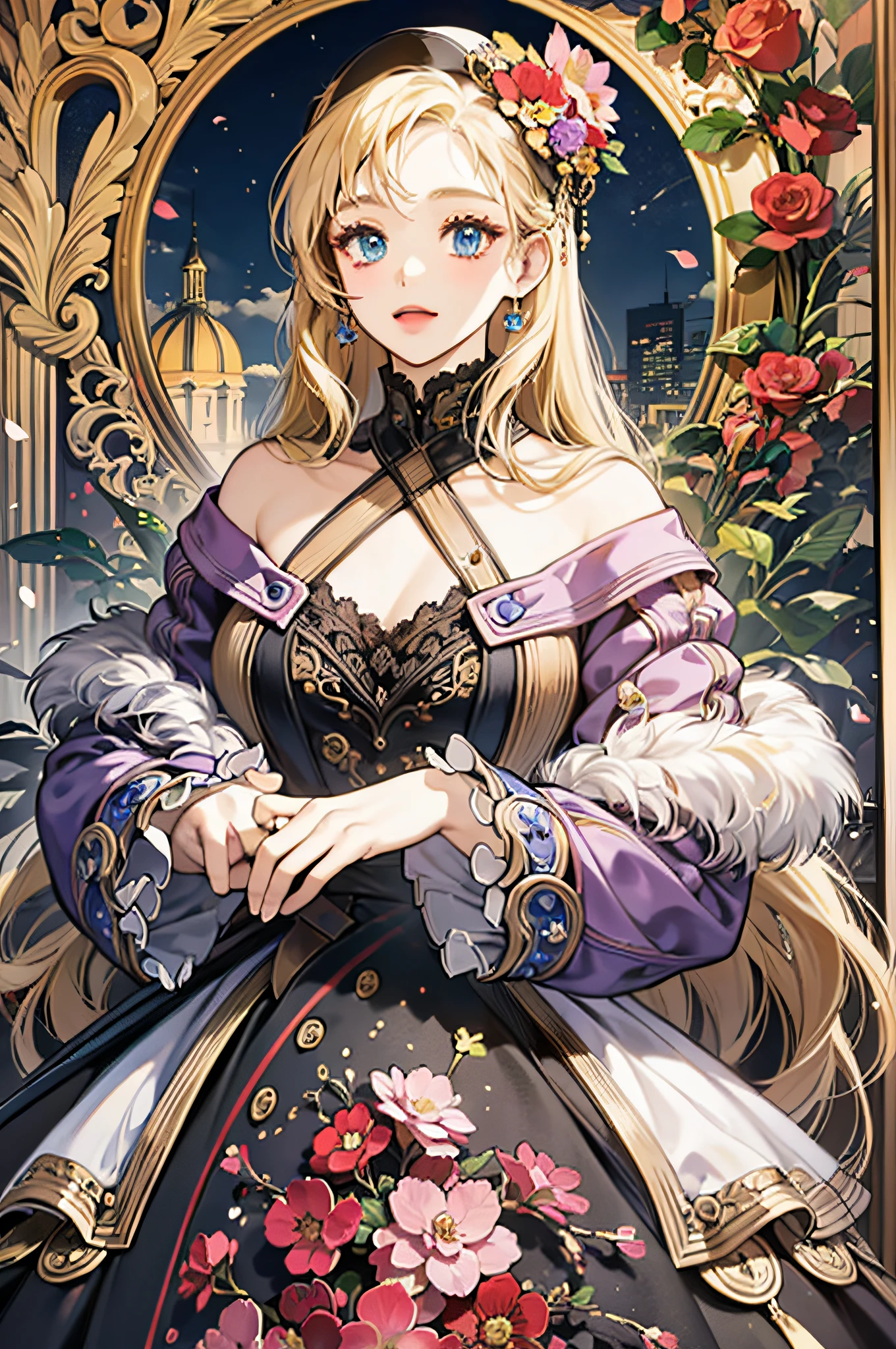 (Masterpiece, Best, Excellent, Official Art, Beautiful Aesthetics: 1.2), (1girl, Mature: 1.3, Adult: 1.3), Long Hair, Blonde Hair, Victorian Hair, Very Meticulous, (Fractal Art: 1.1), (Color: 1.4) (Flowers: 1.3), Most Detailed, (Zentangle: 1.2), (Dynamic Pose), (Abstract Background: 1.3), (Shiny Skin), (Multiple Colors: 1.4), Blue Eyes