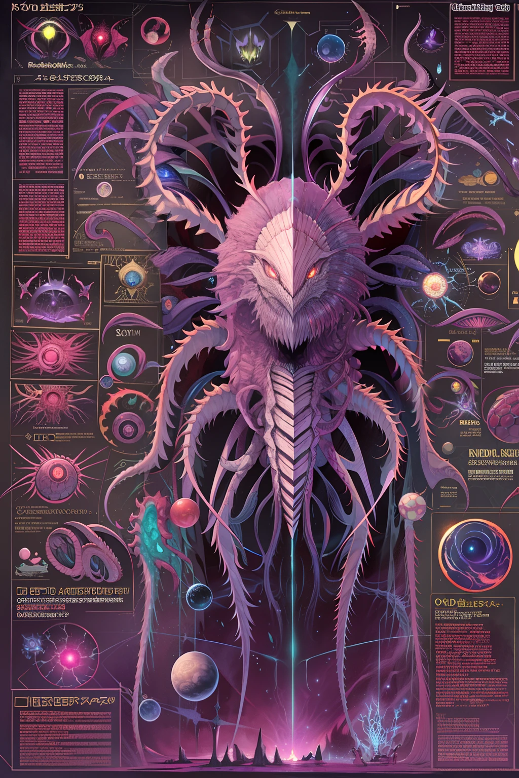 Fantasy 00D technical drawing, Infographics, Charts, A cosmic anatomy monster with many limbs, Sharp teeth, Spines, Glowing eyes, stinger, mutations, Infographics, Scientific, Data diagram, nervous system, milky ways, Radiopigments, midnight aura, Ultra detailed, h.r. Giger, Max Ernst, tomas kinkade, Robert Goncalves, Dark galactic background