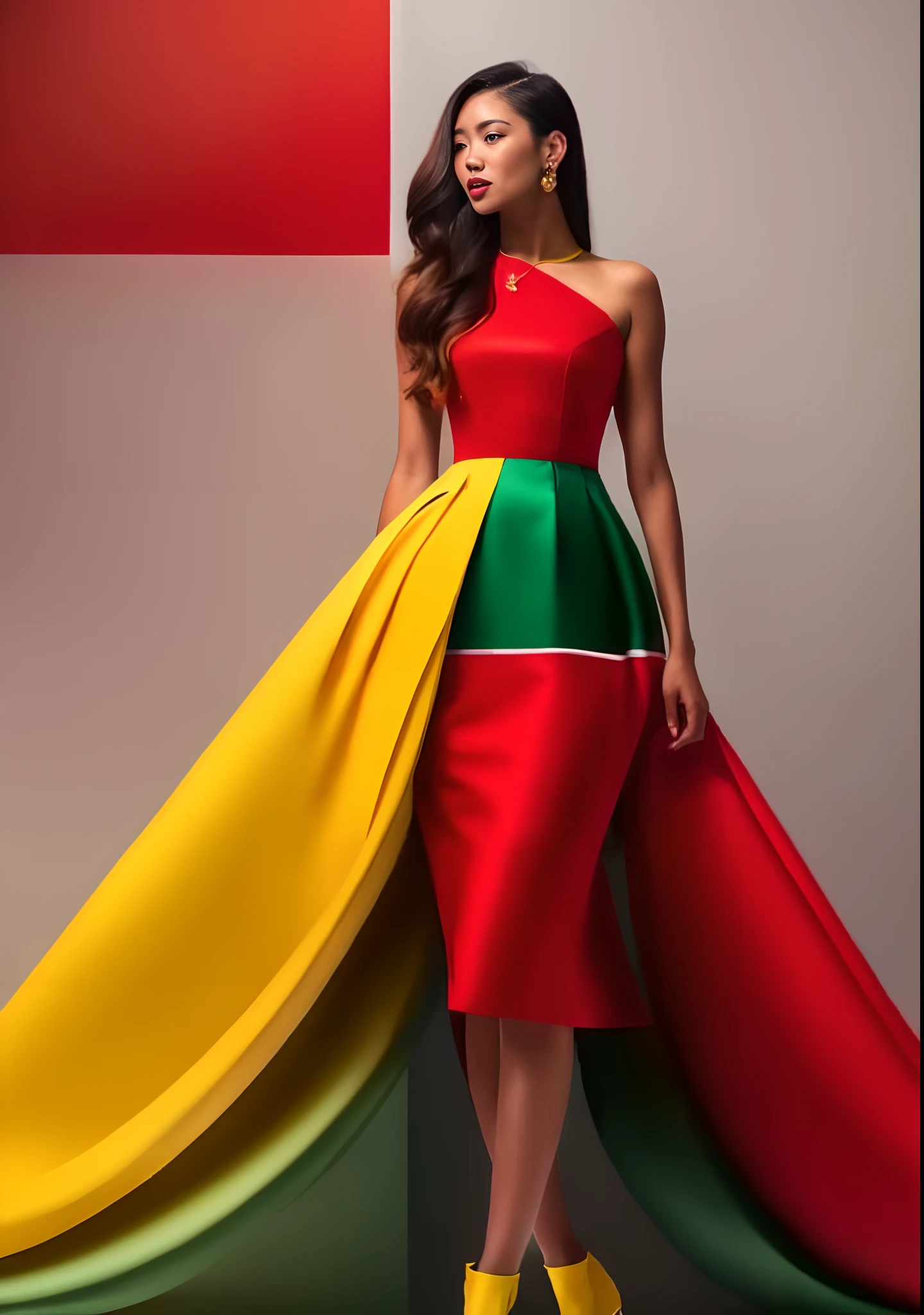 a woman in a red, yellow and green dress and yellow heels, red green yellow color scheme, colorful with red hues, colorful fashion, colorful dress, red yellow, red-yellow colors, red and yellow, red+yellow colours, red and yellow color scheme, yellow and red, bright colors with red hues, red and yellow scheme, red and teal and yellow