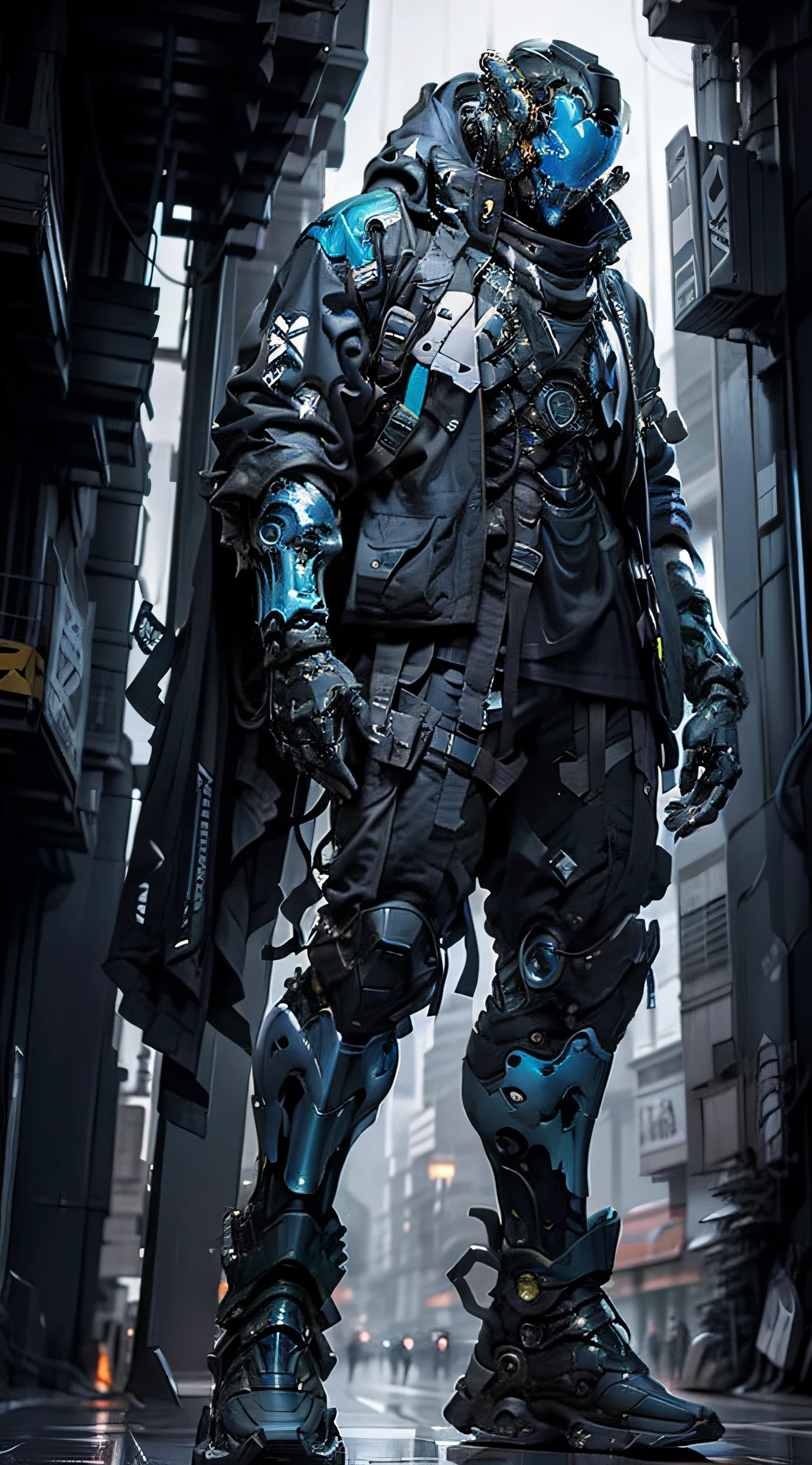 full body plane, a futuristic-looking ((blue chrome cyborg)) man with a fantastic ((square cyberhelmet head with blue lights)), wearing a pair of ((iron gray tactical gloves)), dressed in a ((blue techwear jacket)) and a ((black tactical trousers)), standing in cyberpunk city, face focus UHD, anatomically correct, best quality, masterpiece