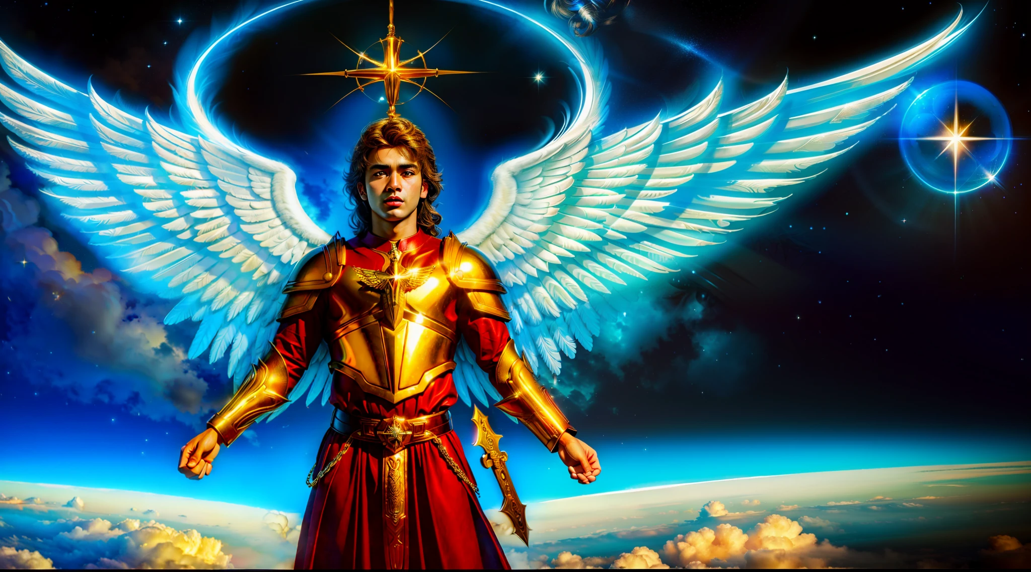 Complete the background of the maximum image of quality and detail of the angelic lighting of Miguel and leave much more realistic and detail in every image